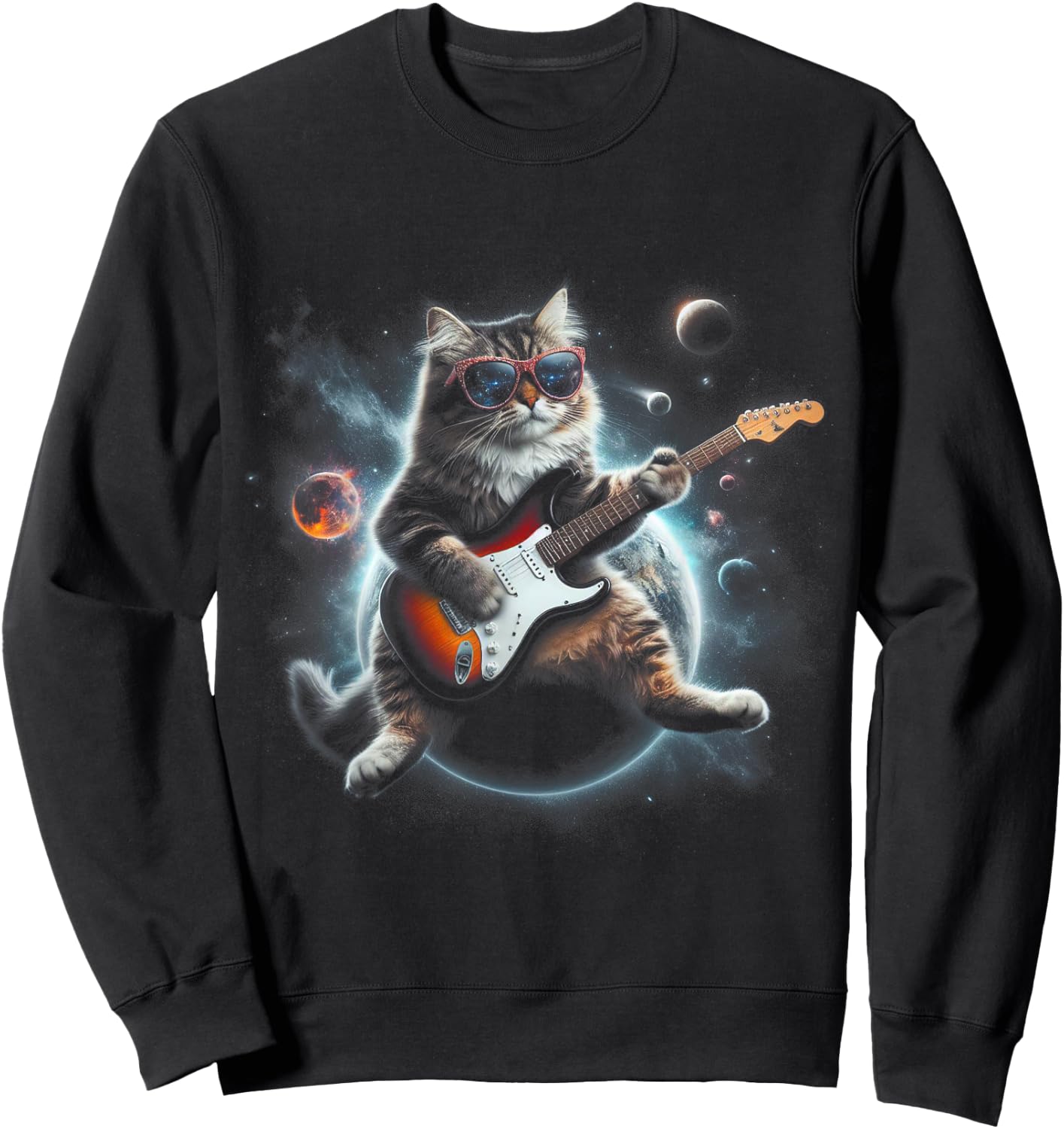 Rock Cat Playing Guitar Electric in space Funny kitty Galaxy Women Kids Sweatshirt - Sweatshirt | Black