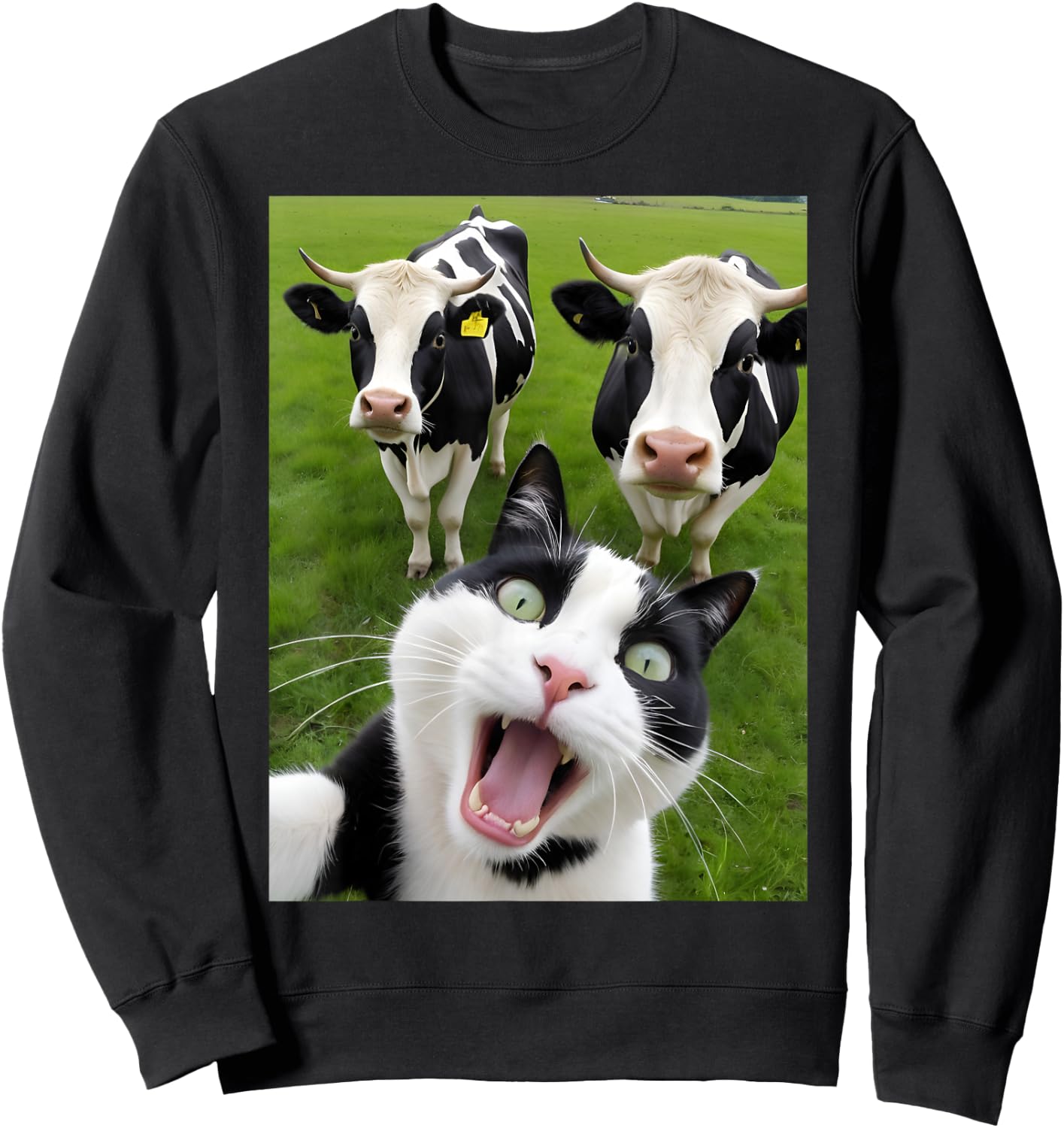 Funny Black And White Cat Cow Selfie Sweatshirt - Sweatshirt | Black