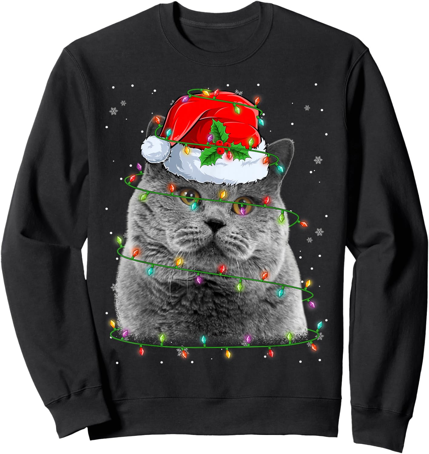 Funny British Shorthair Cat Santa Hat Christmas Tree Lights Sweatshirt - Sweatshirt | Black