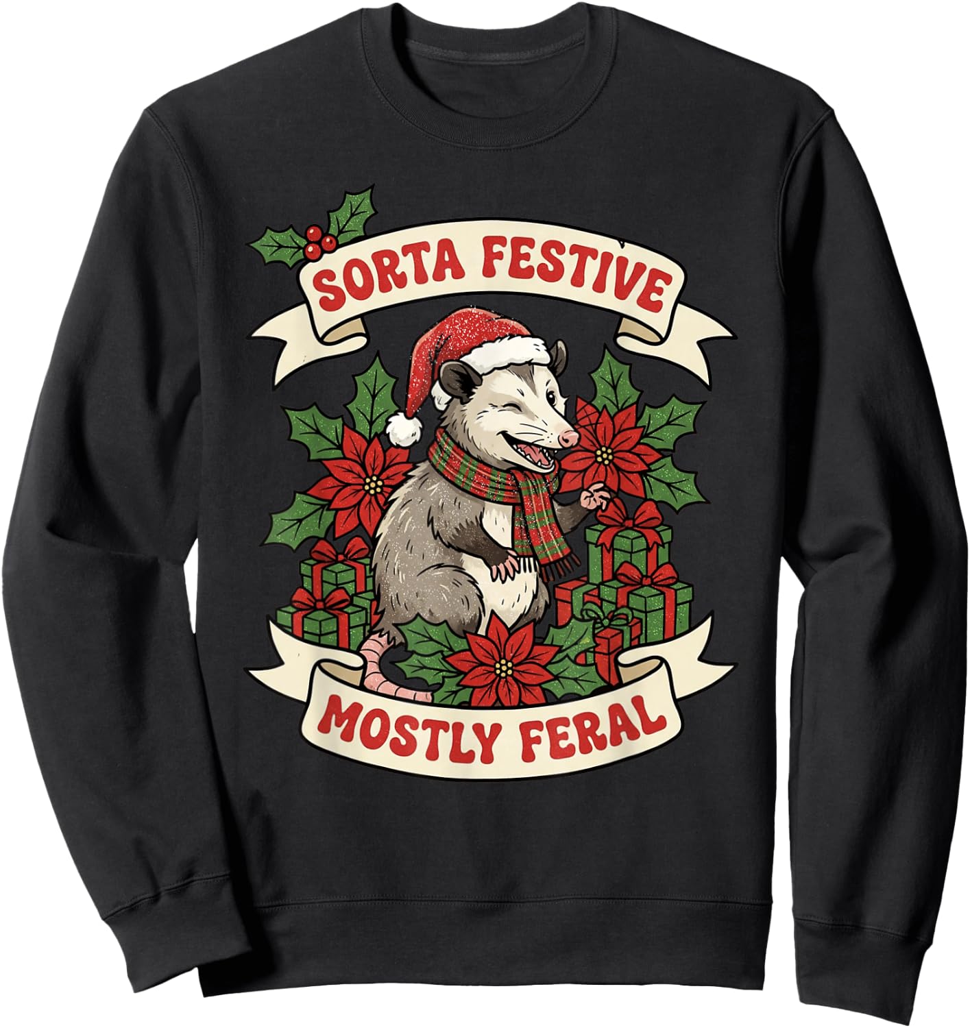 Sorta Festive Mostly Feral Opossum Funny Christmas Holiday Sweatshirt - Sweatshirt | Black
