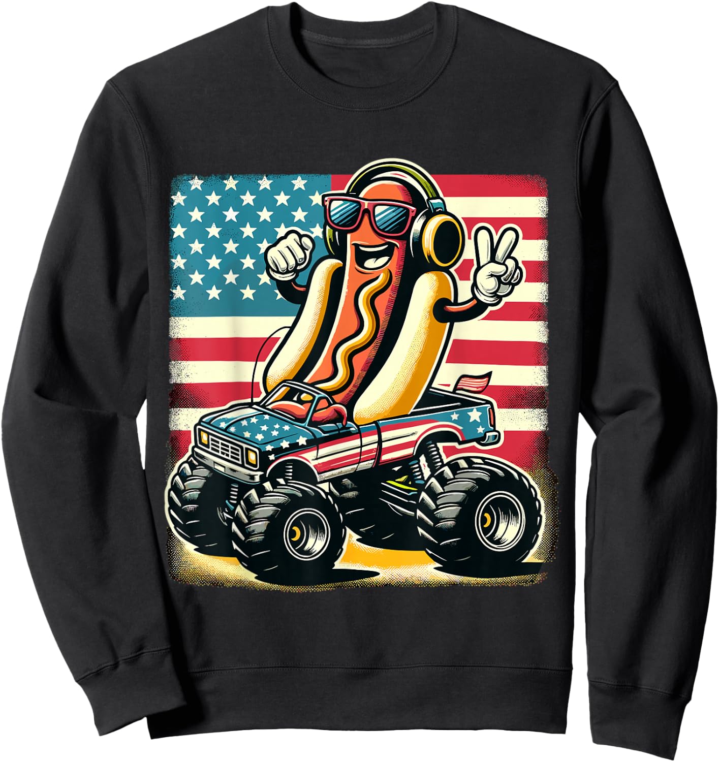 Monster Truck 4th Of July Hotdog Peace Sign American Flag Sweatshirt - Sweatshirt | Black
