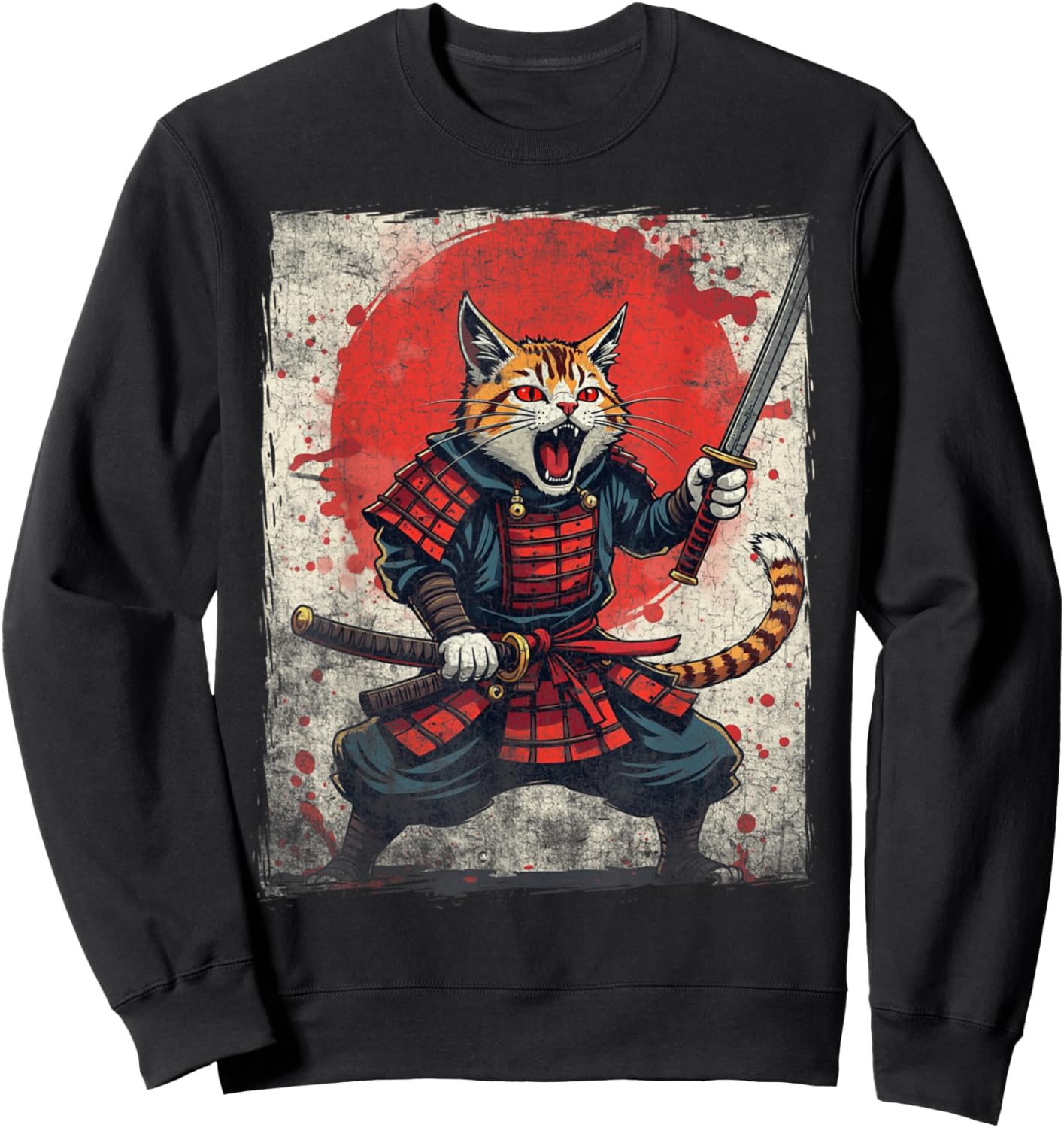 Samurai Cat Ukiyo-e Warrior Art Vintage Ninja Cat Graphic Sweatshirt - Sweatshirt | Black