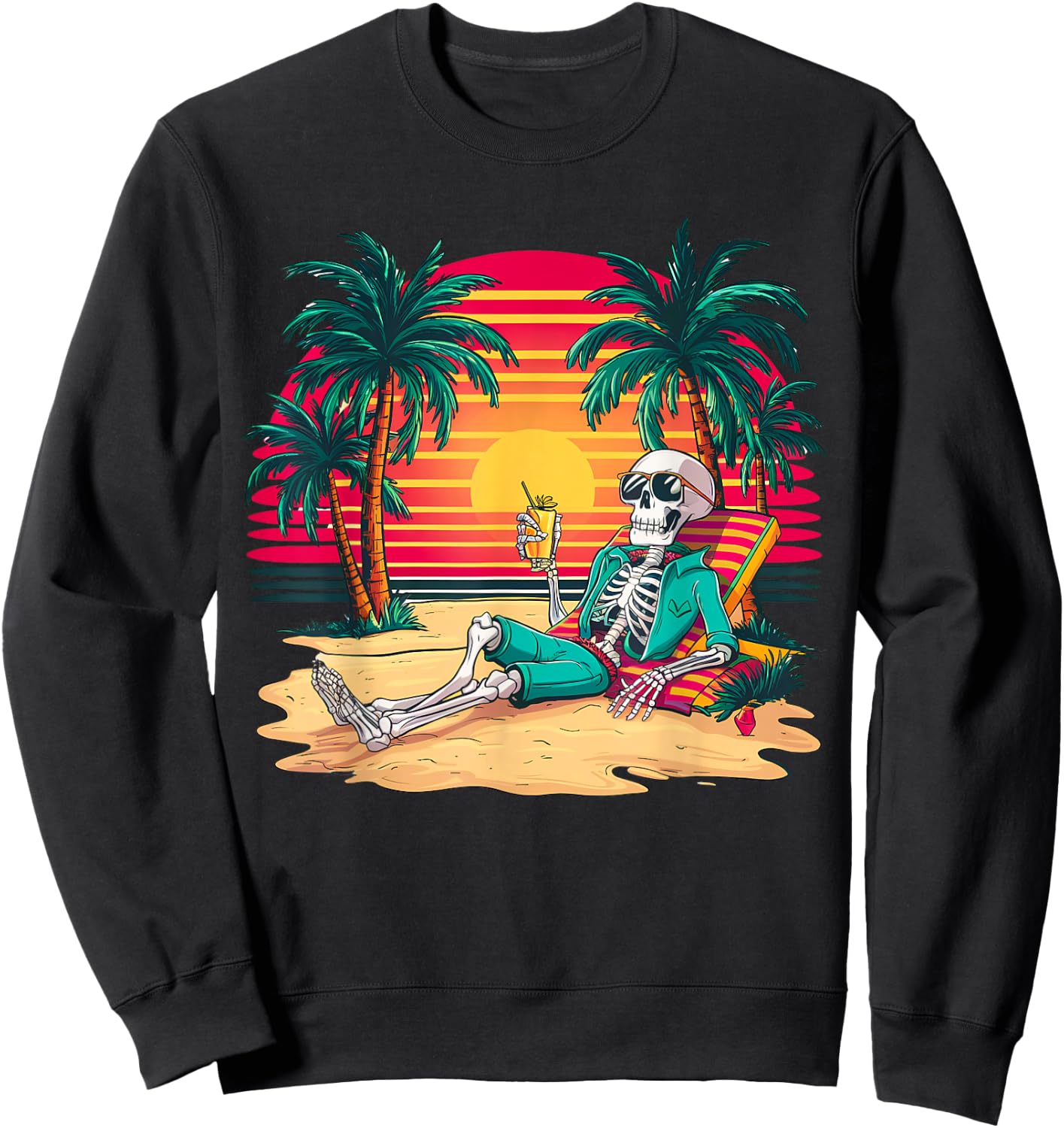 Funny Skeleton On Tropical Island Beach Retro Women Kids Sweatshirt - Sweatshirt | Black
