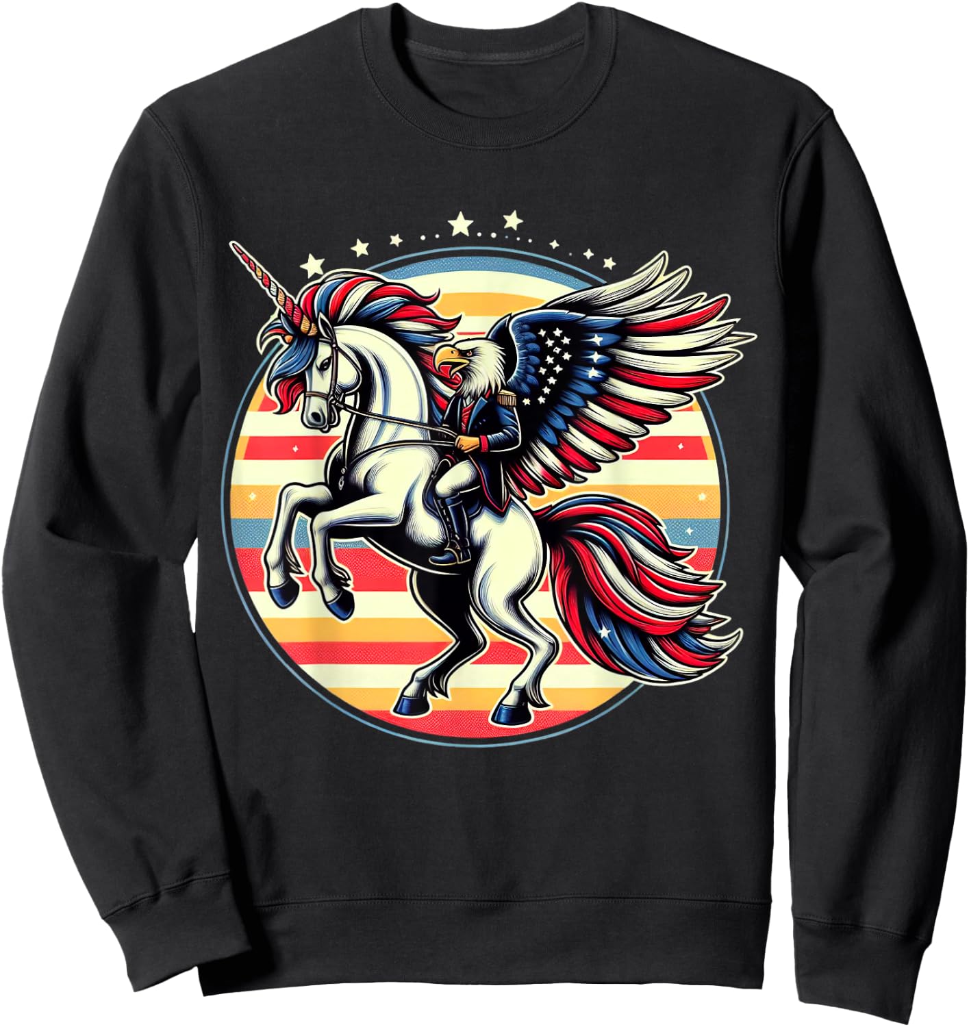 Bald Eagle Riding Unicorn 4th Of July American Flag Women Kids Men Sweatshirt - Sweatshirt | Black