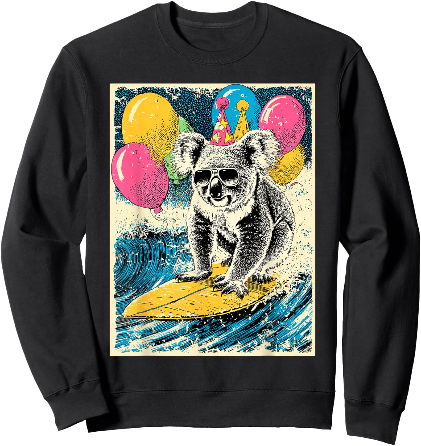 Koala Surfing Birthday Party Themed Balloons Retro Art Sweatshirt - Sweatshirt | Black