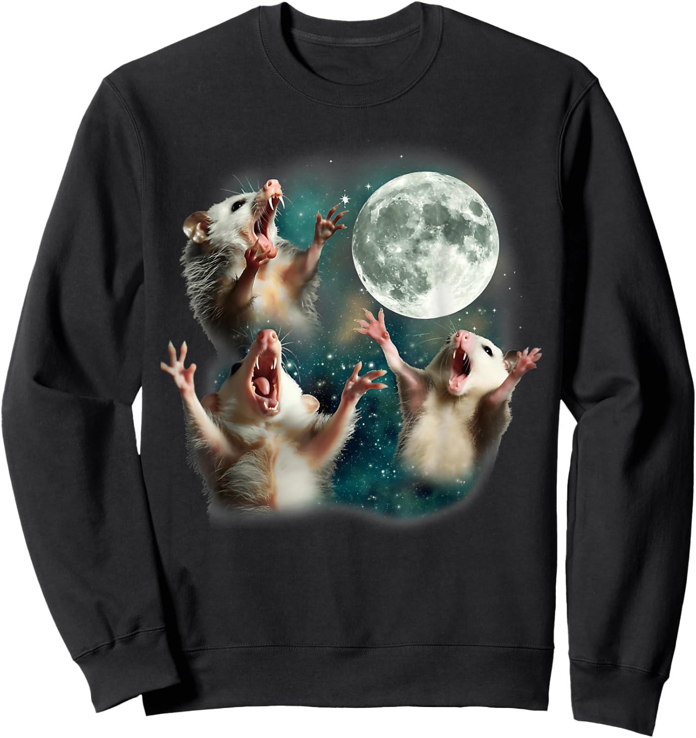 Three Possum Moon 3 Opossum Funny Weird Cursed Dank Meme Sweatshirt - Sweatshirt | Black