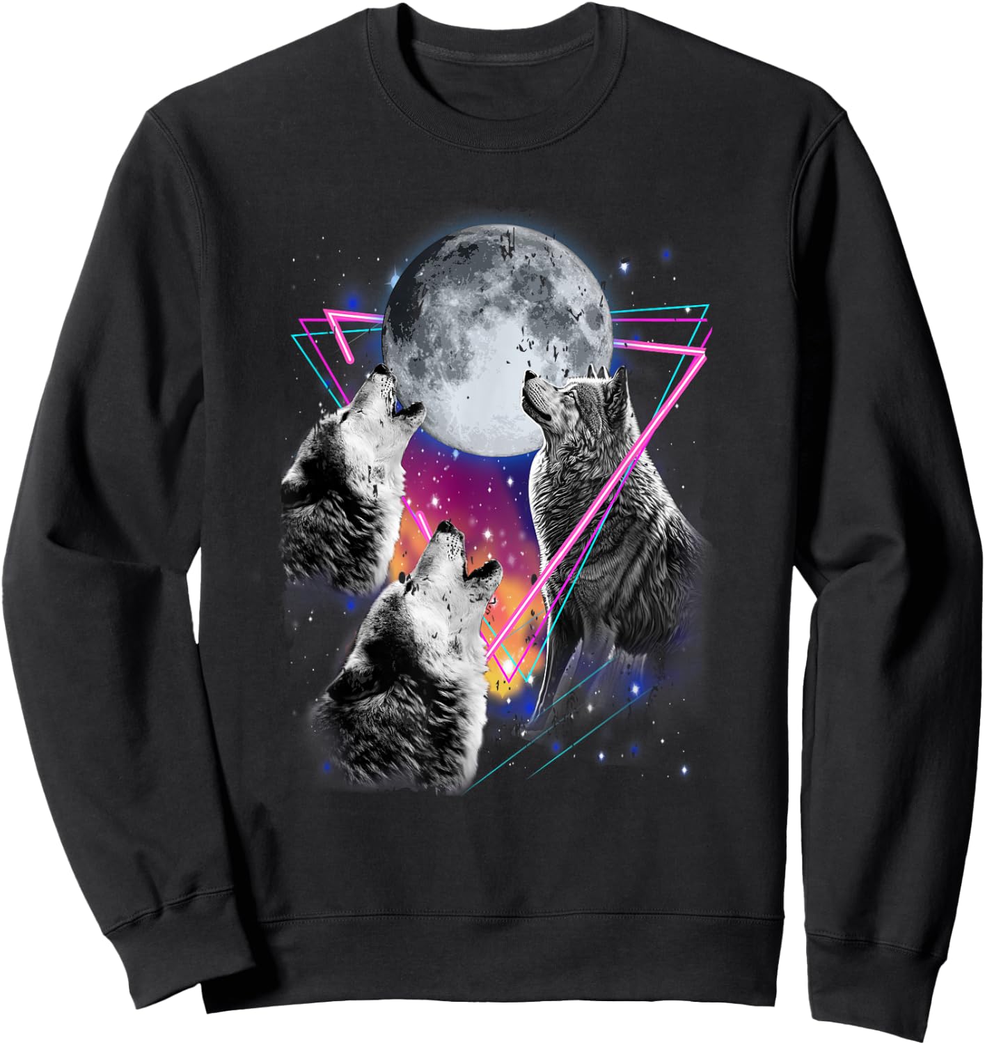 Epic 3 Wolves Howling At Moon 80s Style Wolf Sweatshirt - Sweatshirt | Black
