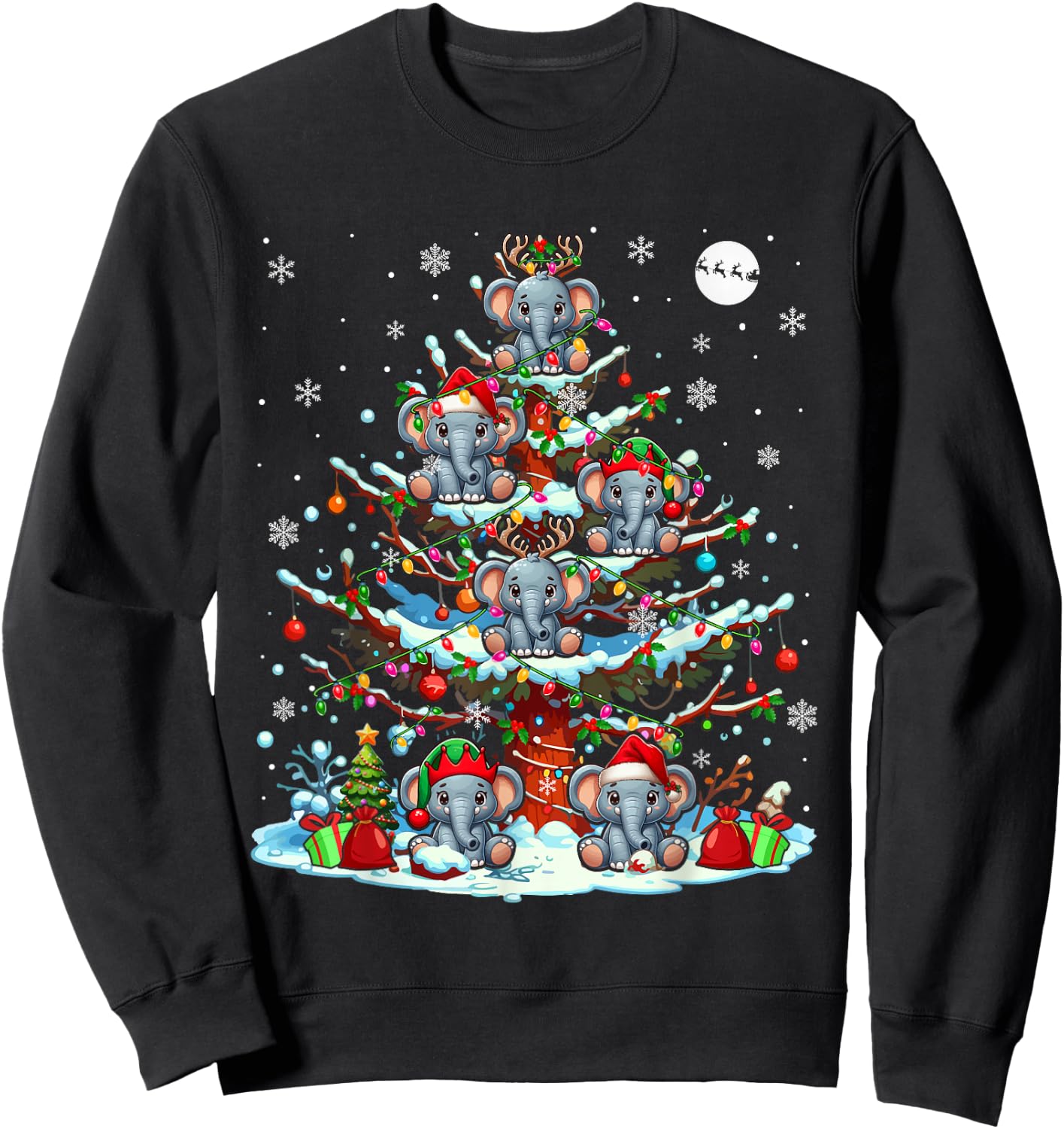 Group Santa Reindeer Elf Elephants On Christmas Tree Sweatshirt - Sweatshirt | Black