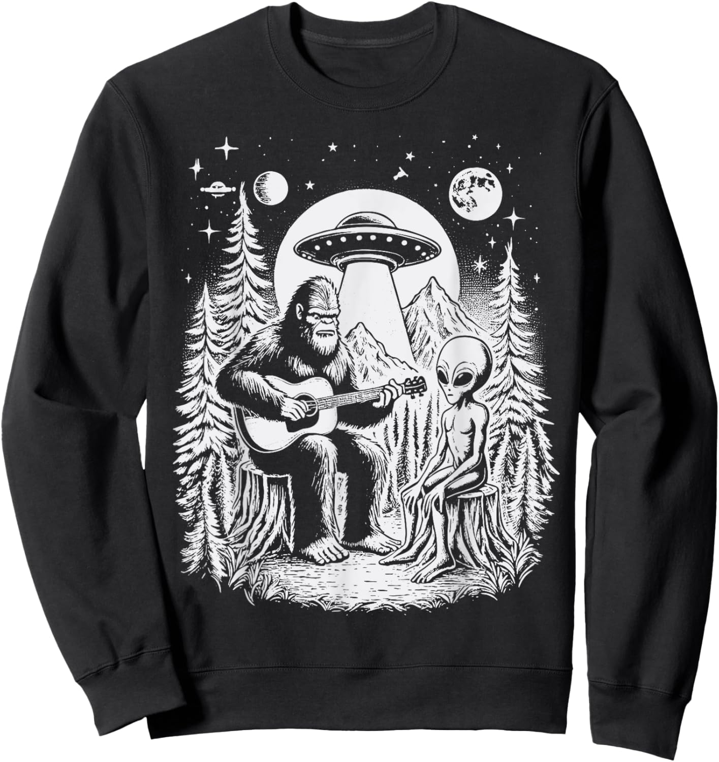 Bigfoot UFO Alien Around Campfire Nature Hiking Sasquatch Sweatshirt - Sweatshirt | Black