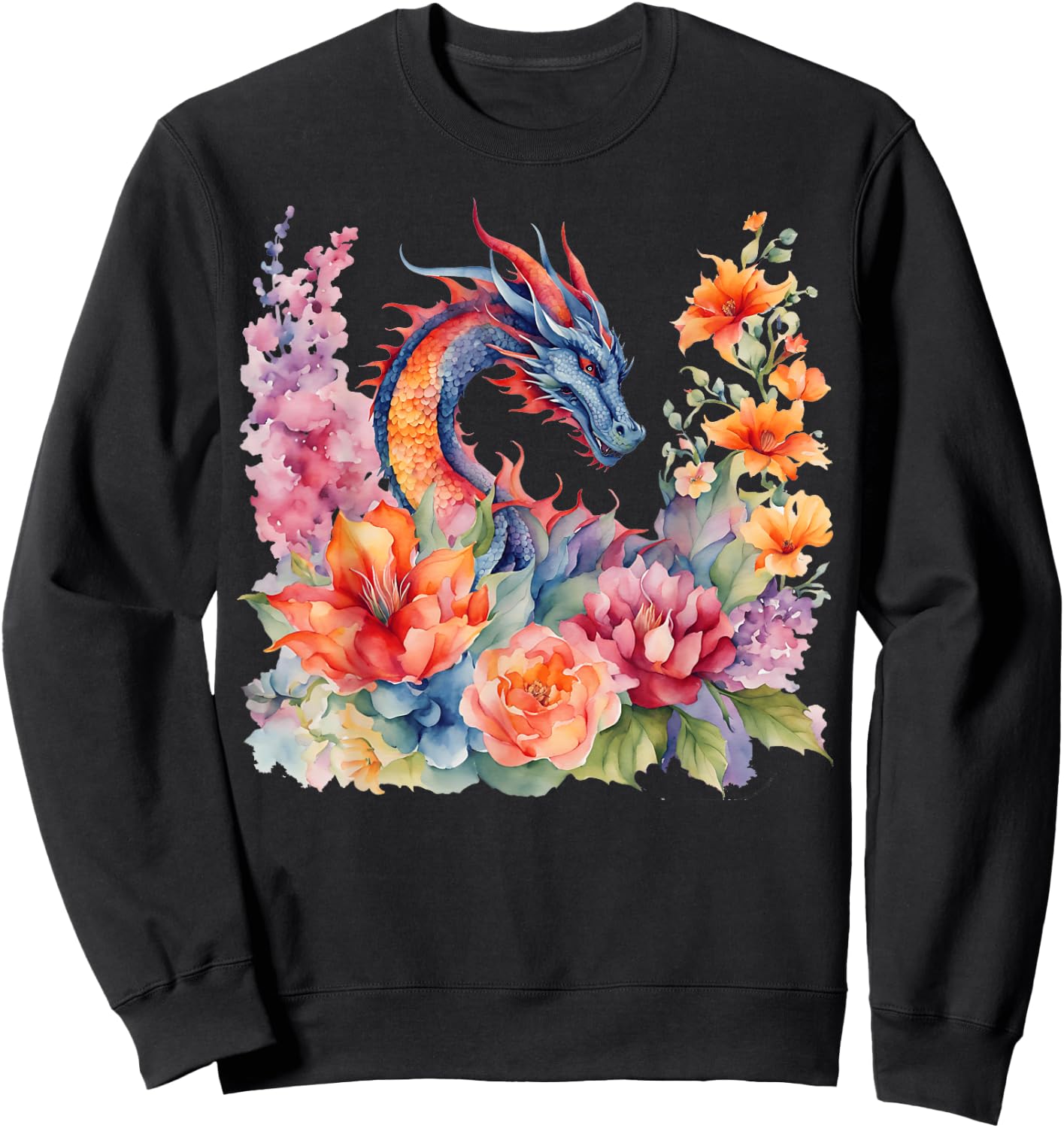 Watercolor Dragon Flowers Beautiful Art Colorful Graphic Sweatshirt - Sweatshirt | Black