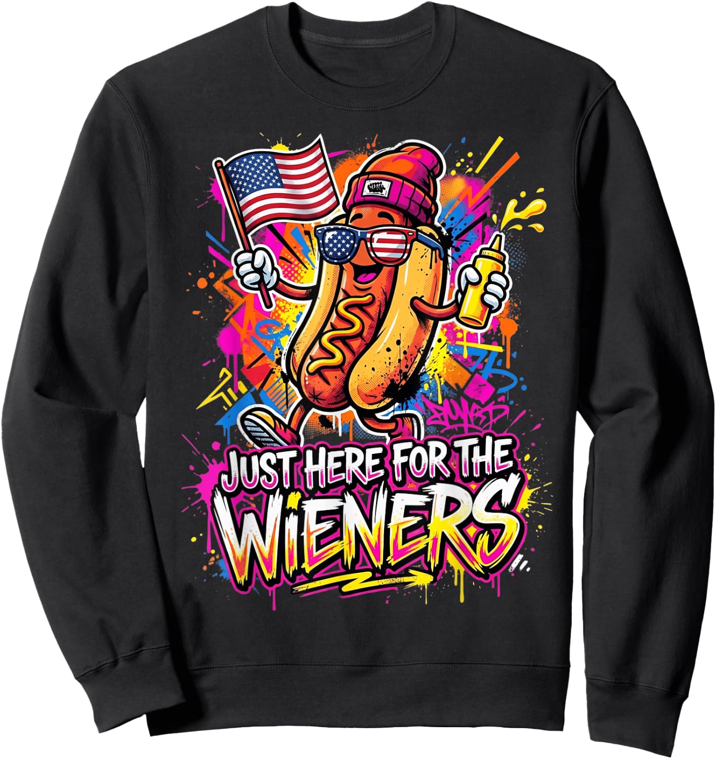 Funny Hot Dog I'm Just Here for The Wieners Fourth of July Sweatshirt - Sweatshirt | Black