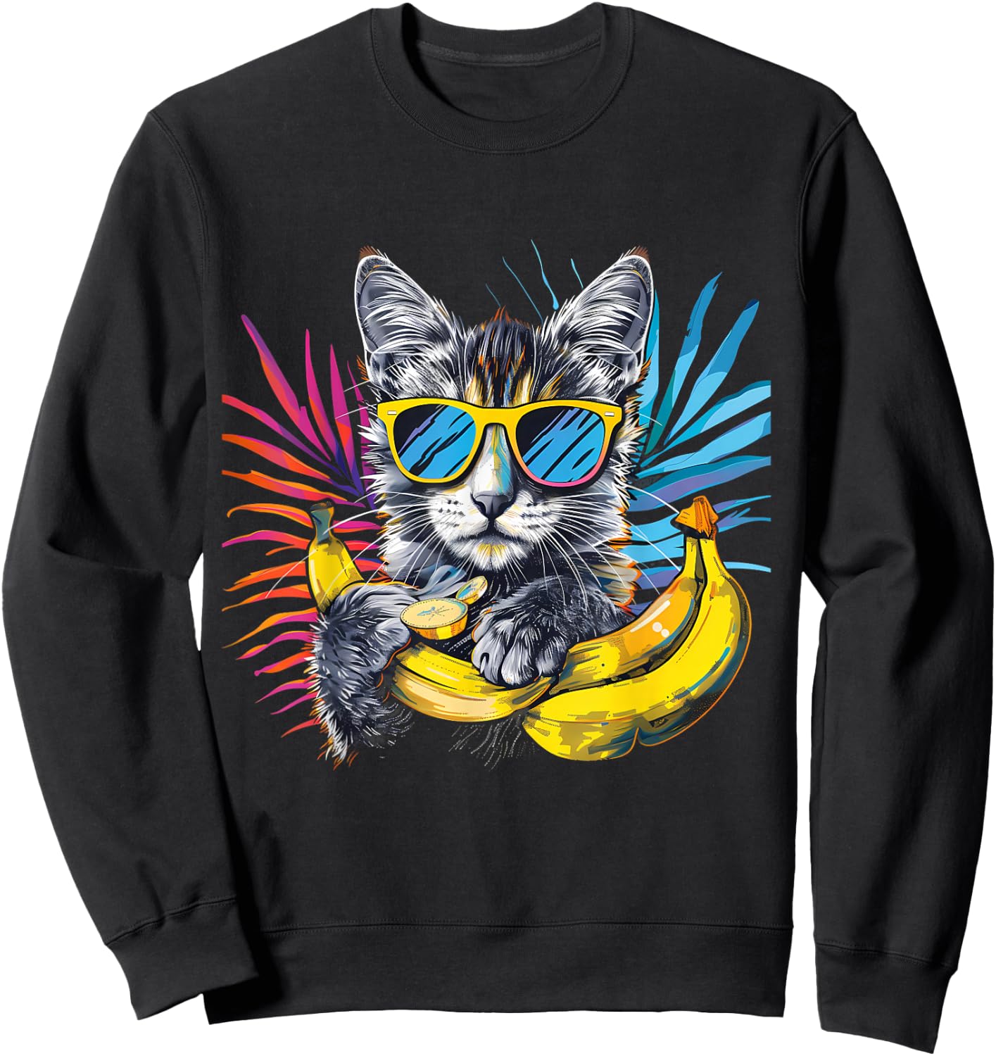 Banana Cat Colourful Sunglasses Artwork Banana Fruits Sweatshirt - Sweatshirt | Black