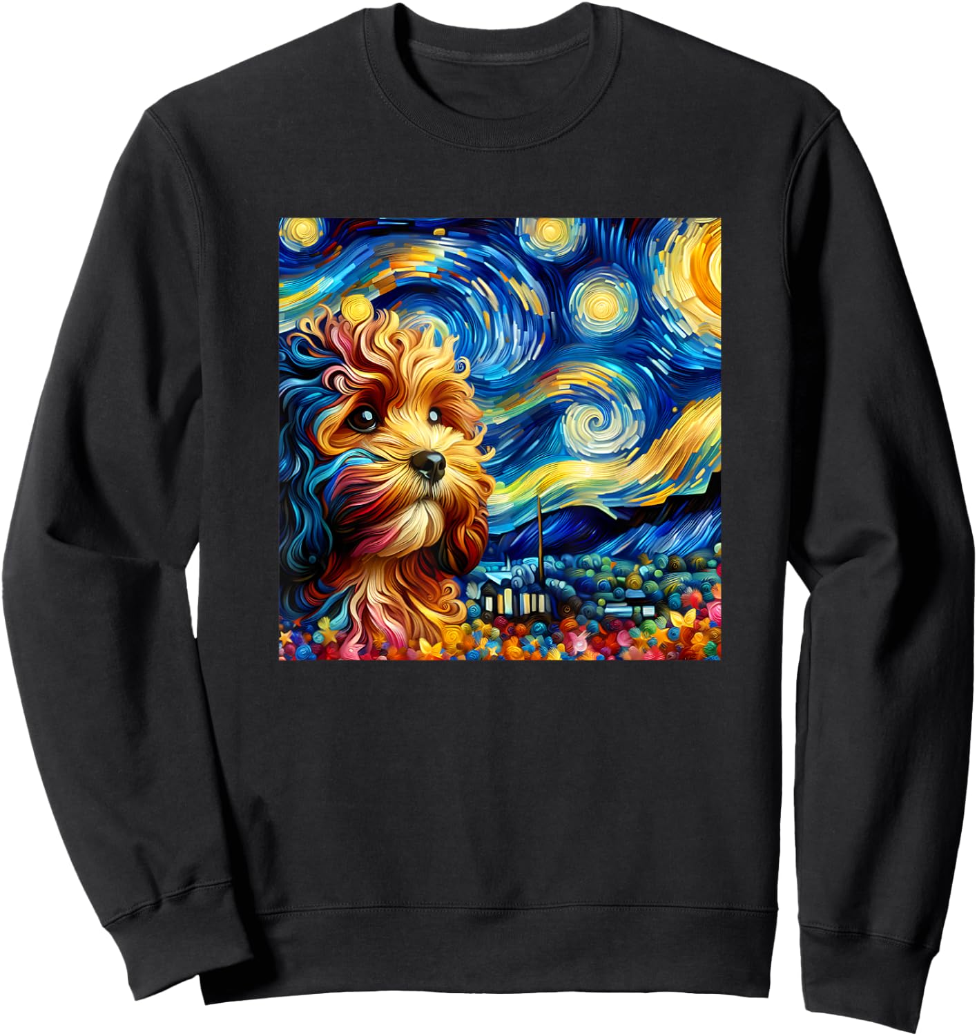 Cute Cavapoo Starry Night Painting Style Dog Art Women Kids Sweatshirt - Sweatshirt | Black