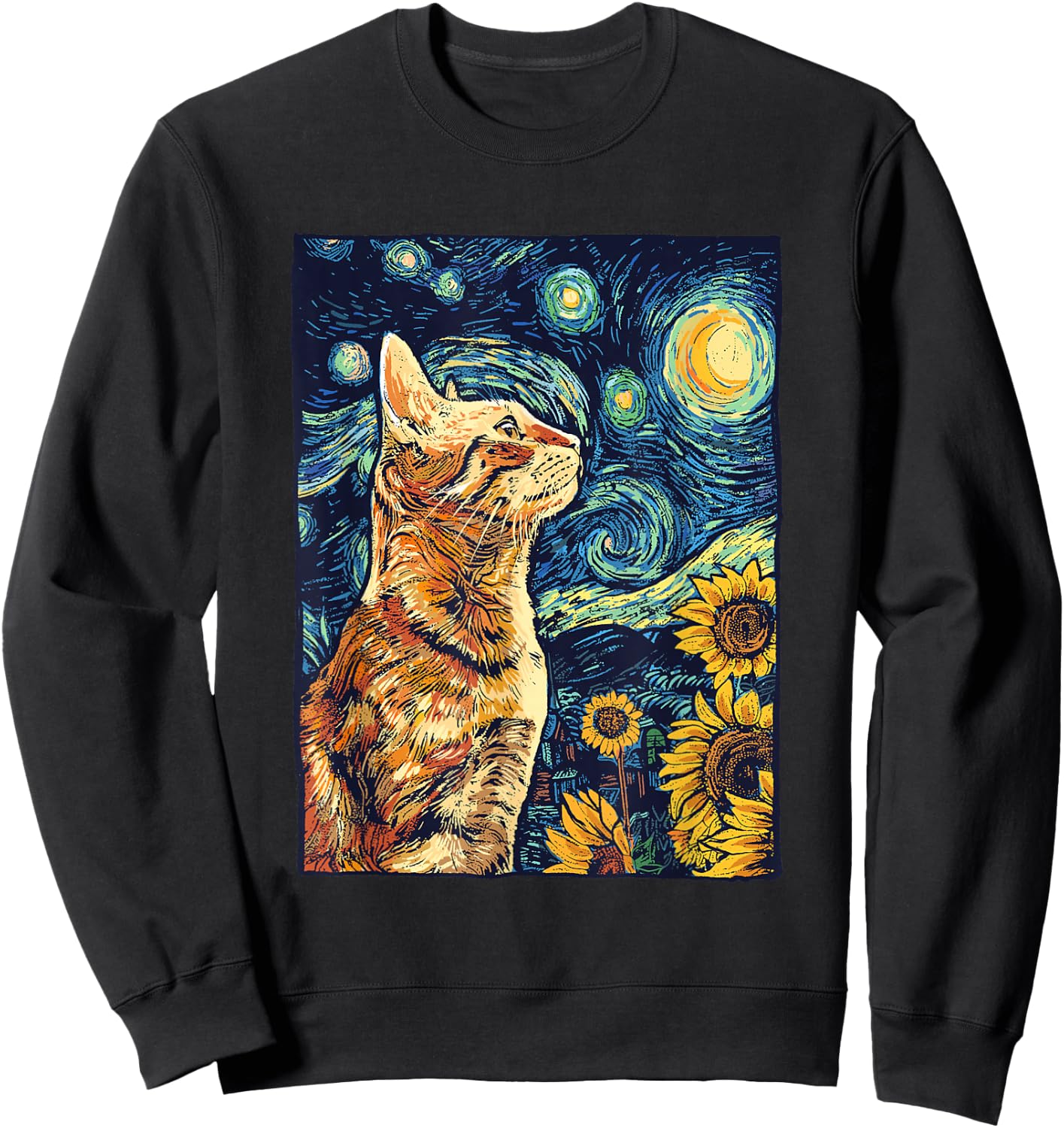 Van Gogh Starry Night Cat Shirt Van Gogh Cat Painting Sweatshirt - Sweatshirt | Black