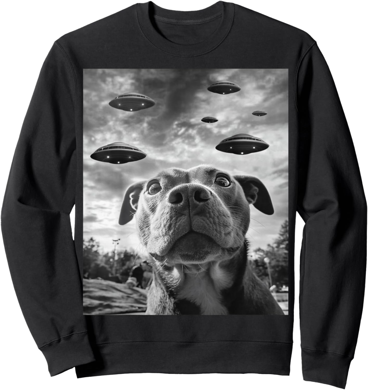 Funny Dog Pitbull Selfie with UFOs Alien Novelty Sweatshirt - Sweatshirt | Black