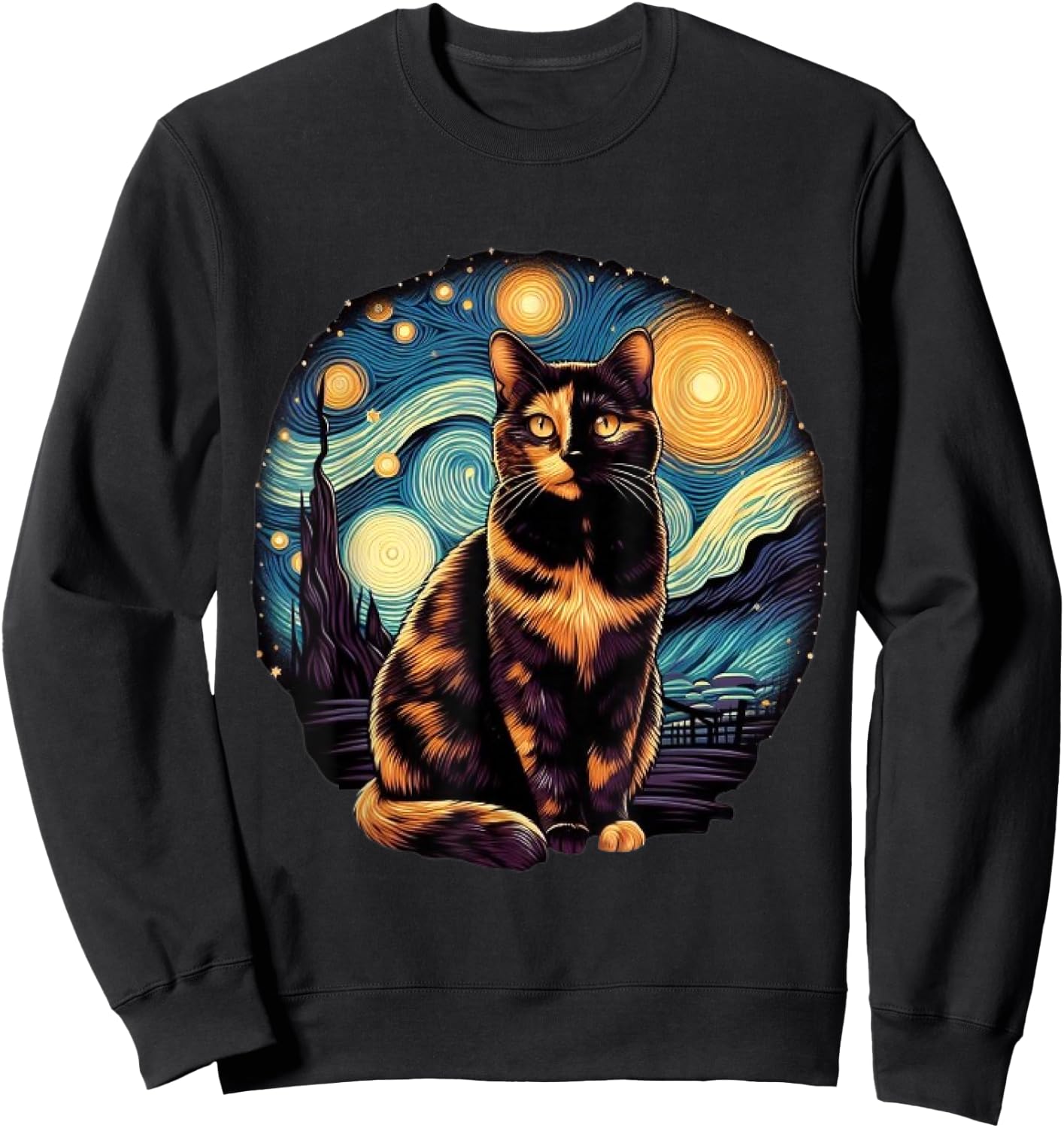 Tortoiseshell Tortie Starry Night Kitty Cat Art Men Women Kids Sweatshirt - Sweatshirt | Black