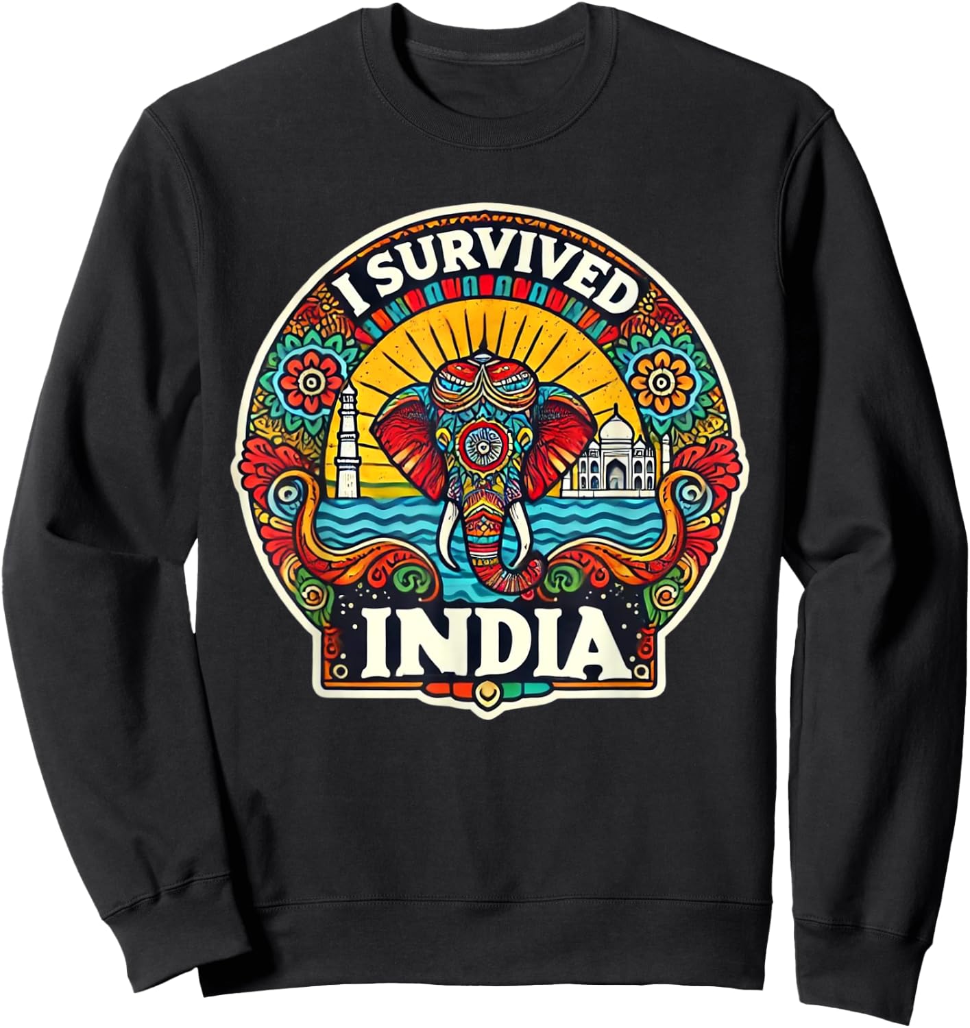 Vibrant 'I Survived India' Design with Elephant and Landmark Sweatshirt - Sweatshirt | Black