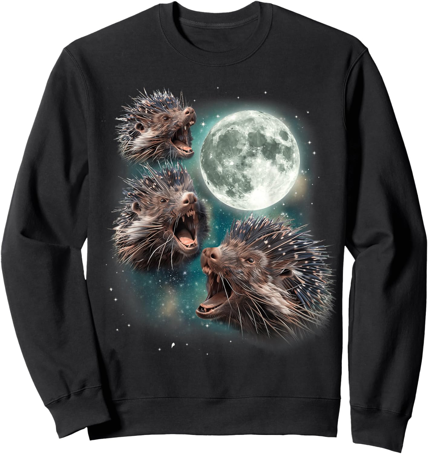 Three Porcupine Moon | Funny 3 Howling Quill Pig Parody Meme Sweatshirt - Sweatshirt | Black