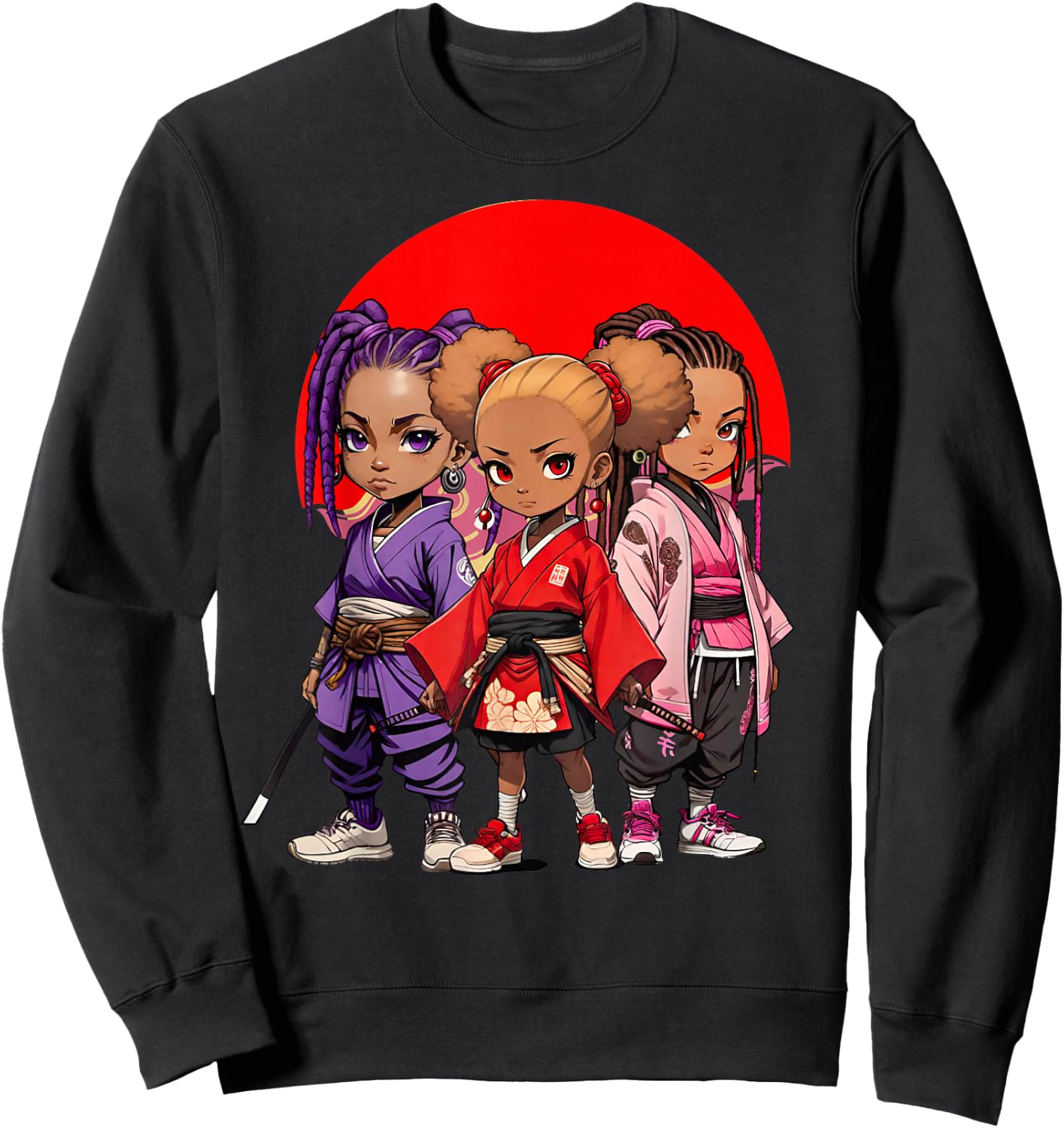 Samurai Girls Anime Afro | Japanese Retro Style Natural Hair Sweatshirt - Sweatshirt | Black