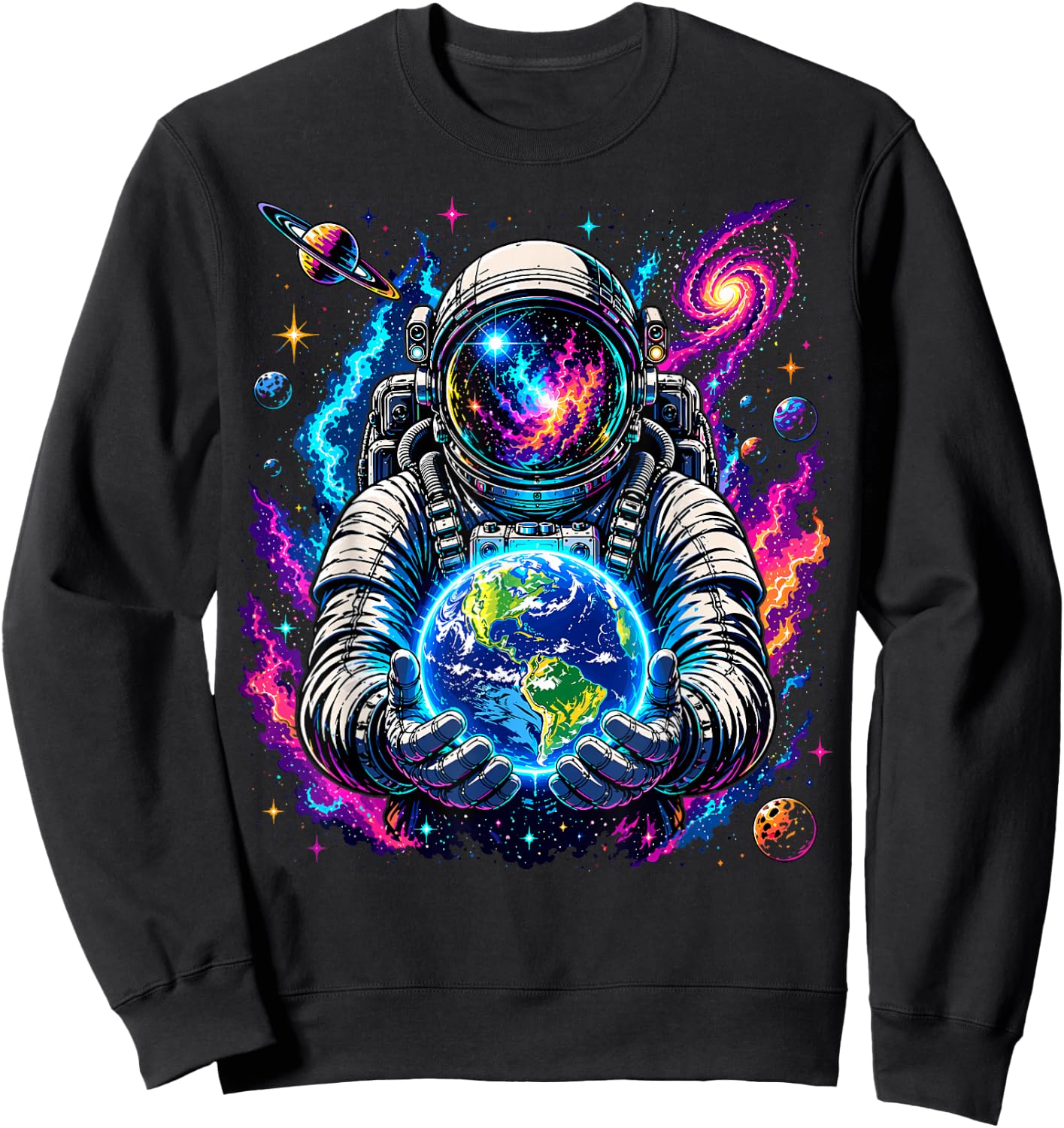 Astronaut Holding Planet Space Science Sweatshirt - Sweatshirt | Black