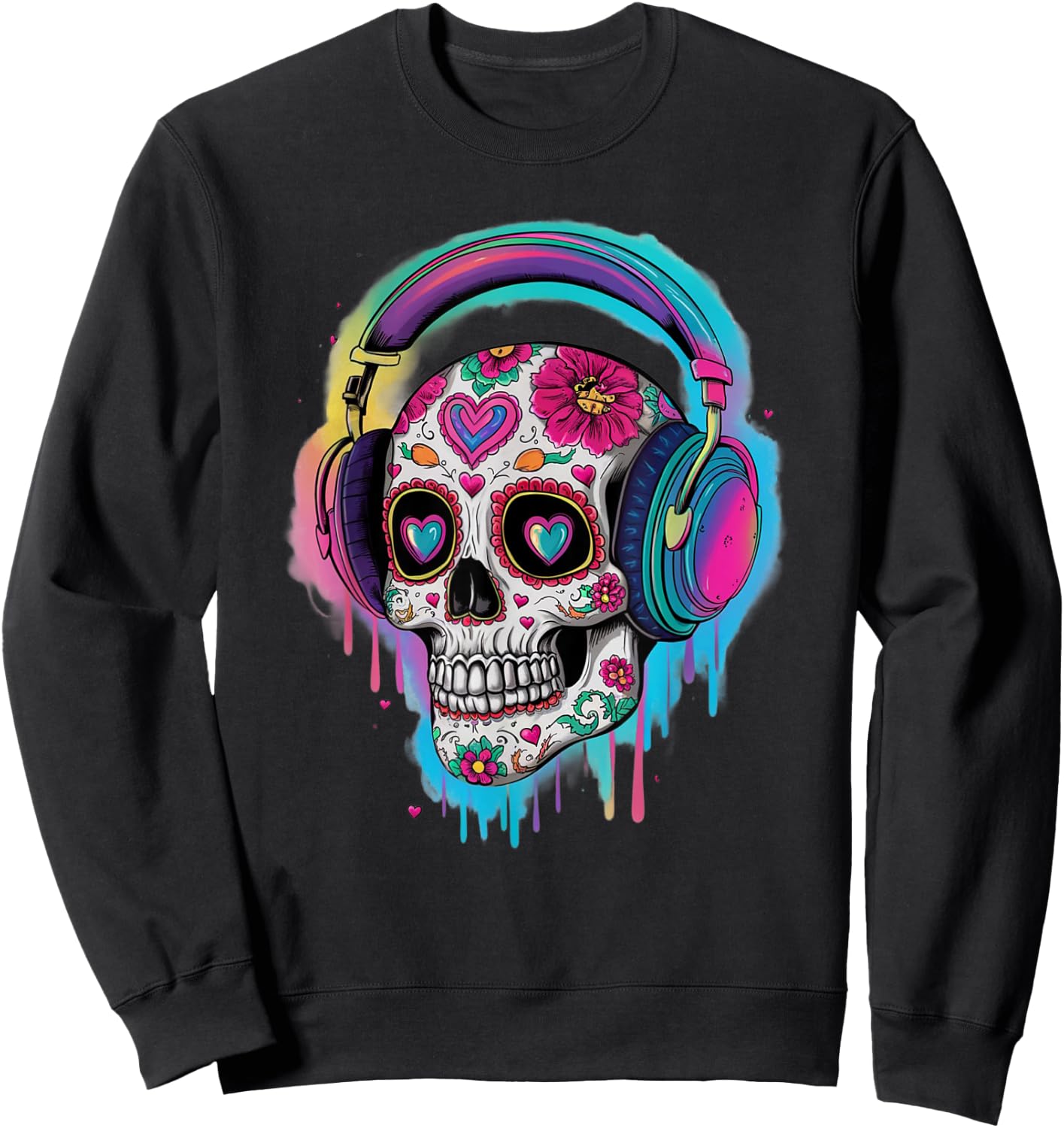 Sugar Skull Headphones Day of Dead Halloween Dia De Muertos Sweatshirt - Sweatshirt | Black