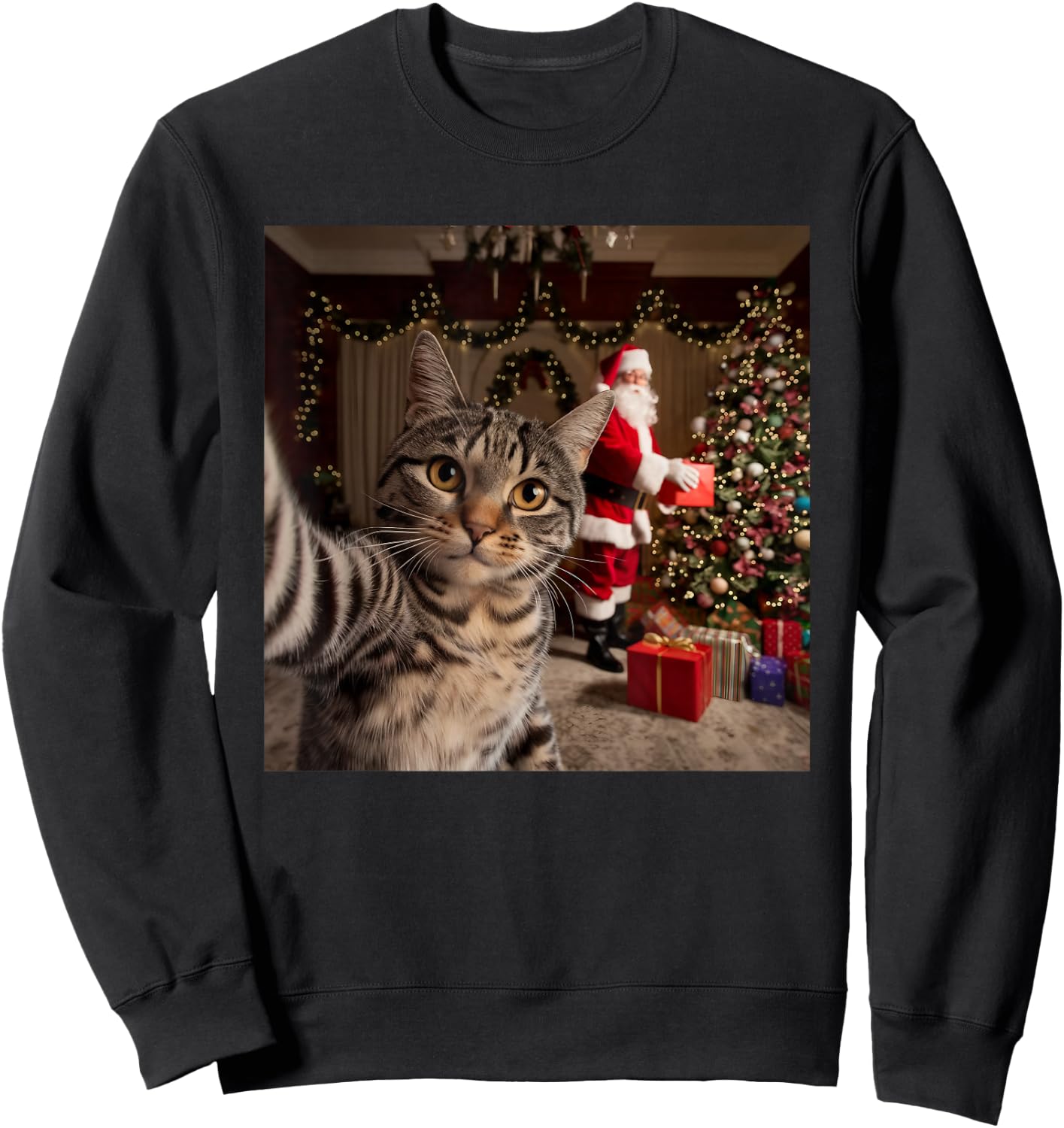 Christmas Cat Selfie with Santa Claus Cute Holiday Photo Sweatshirt - Sweatshirt | Black