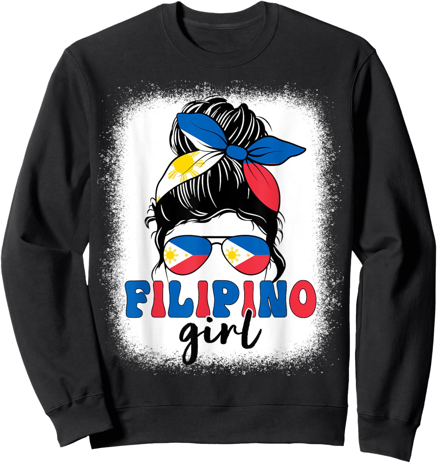 Filipino Girl Messy Bun Philippines Flag Patriotic Women Kid Sweatshirt - Sweatshirt | Black