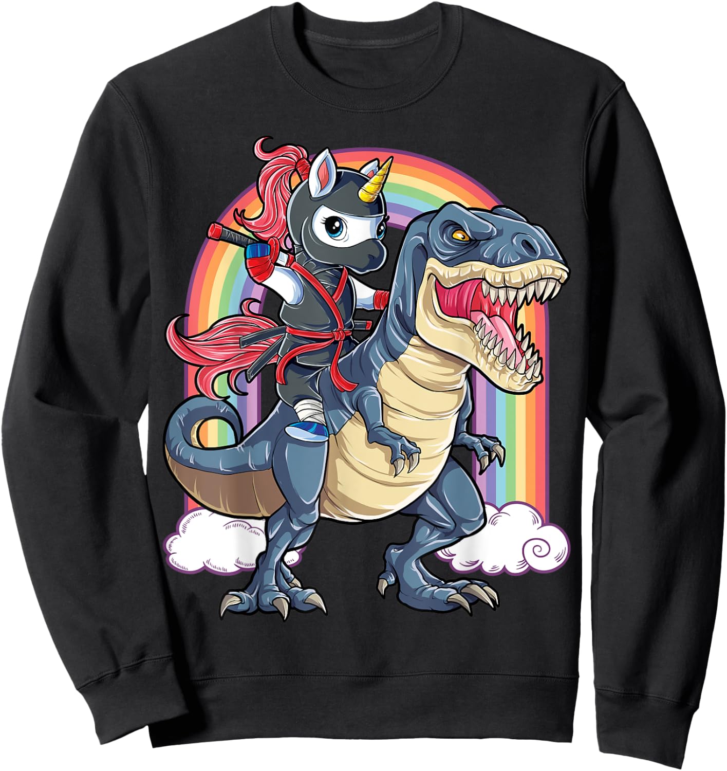 Ninja Unicorn Riding Dinosaur T rex Funny Men Women Rainbow Sweatshirt - Sweatshirt | Black