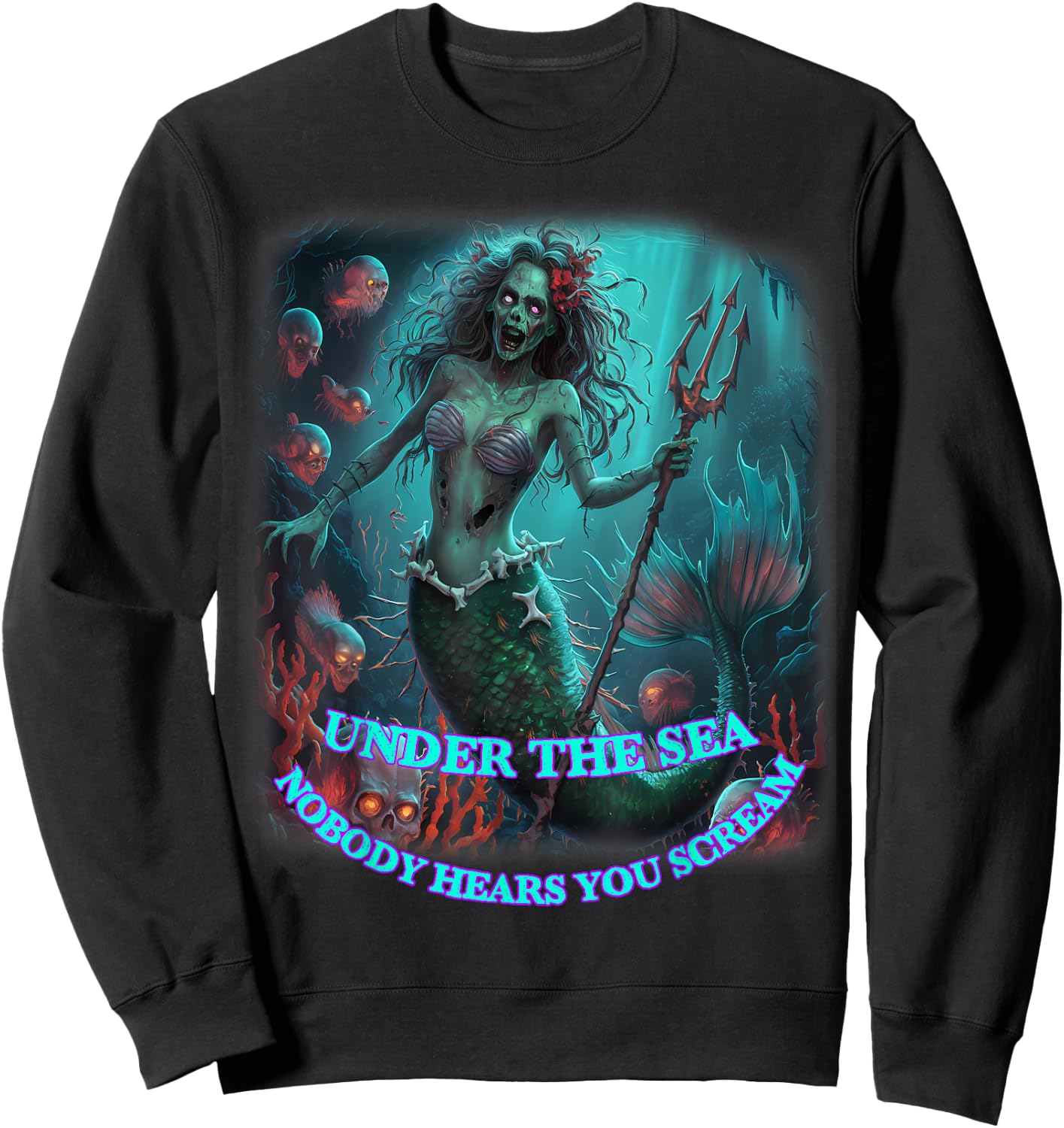 Zombie Mermaid Halloween Spooky Skulls Mermaids Fantasy Sweatshirt - Sweatshirt | Black