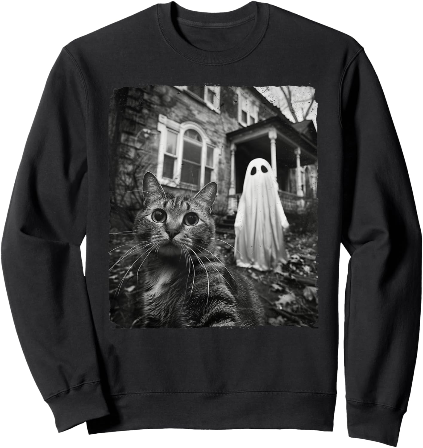 Funny Cat Selfie Ghost Halloween House Photo Haunted Spooky Women Kids Sweatshirt - Sweatshirt | Black