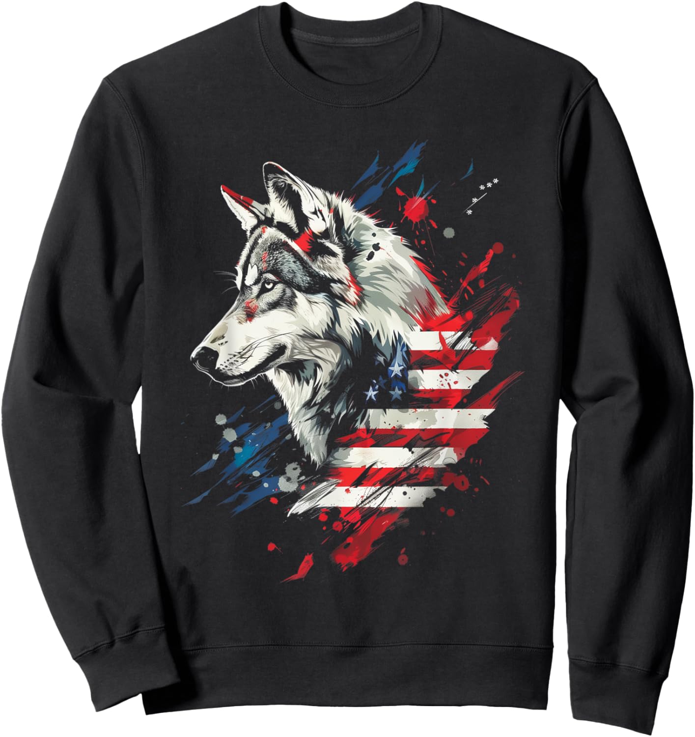 Wolf American Flag USA Patriotic Wolf Lover Women Kids Men Sweatshirt - Sweatshirt | Black