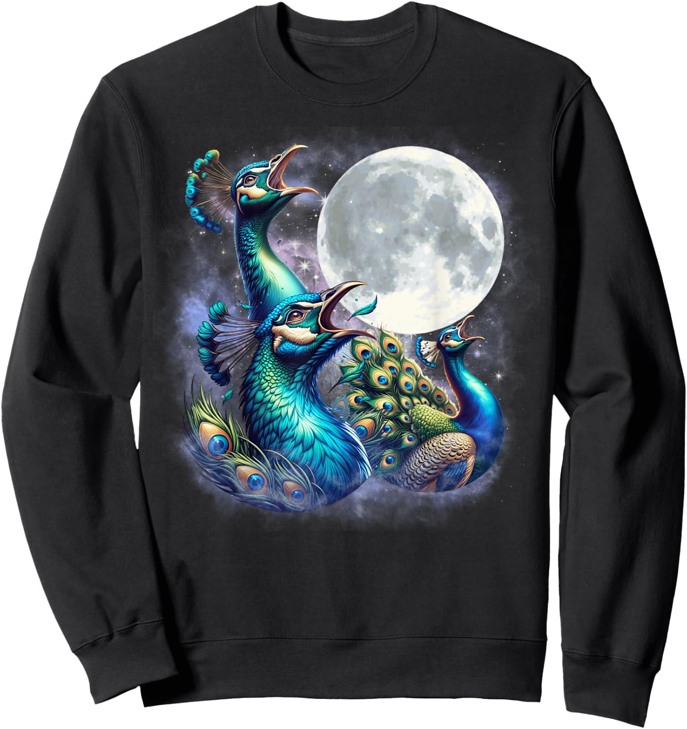 Three Peacocks Moon Funny Peacock Howling Wolfs Moon Parody Sweatshirt - Sweatshirt | Black