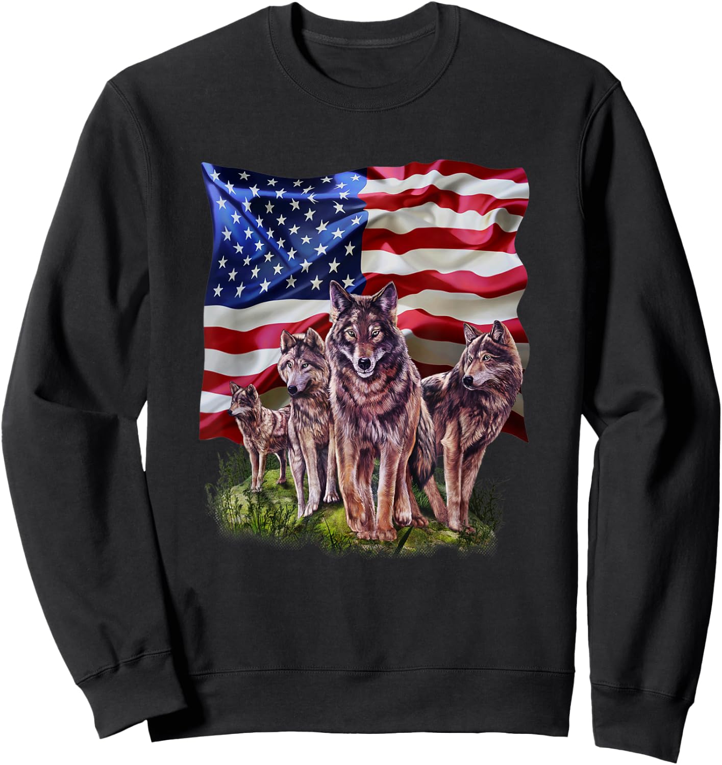 Wolf Family with Flag of USA Sweatshirt - Sweatshirt | Black