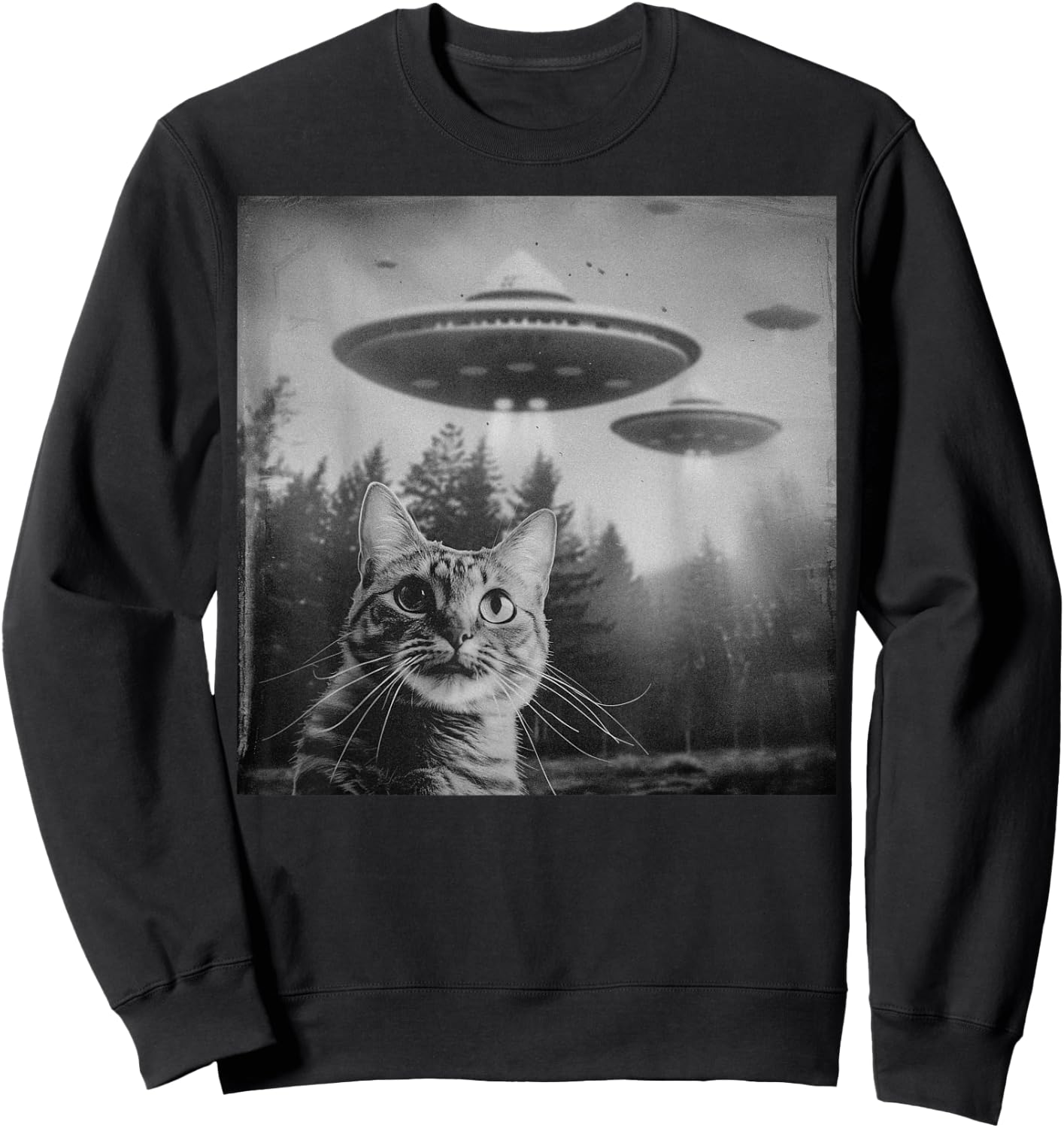 Funny Cat UFO Alien Weirdcore Aesthetic Artwork Sweatshirt - Sweatshirt | Black