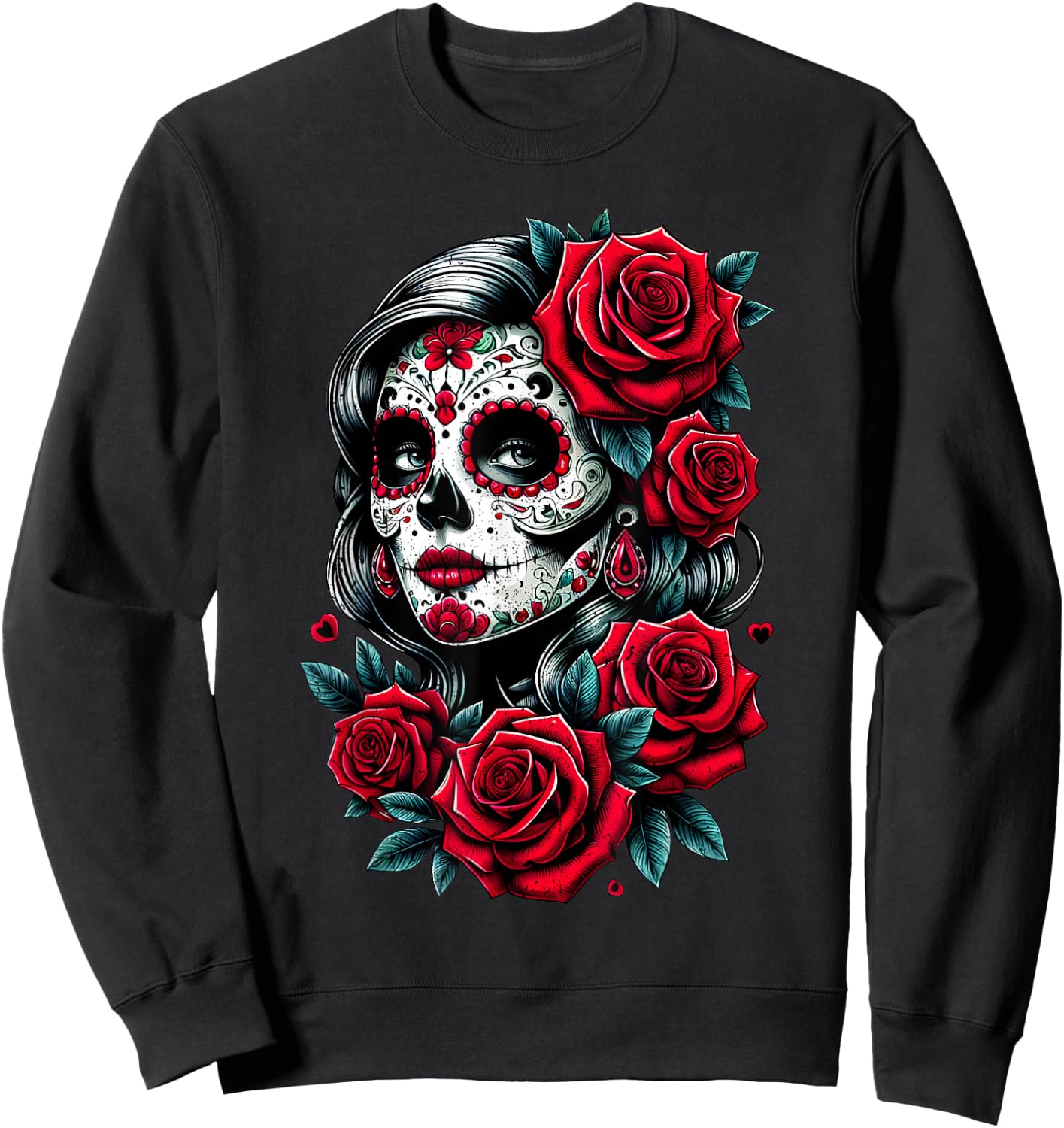 Dia de Muertos Cinco de Mayo Sugar Skull Women Red Roses Sweatshirt - Sweatshirt | Black