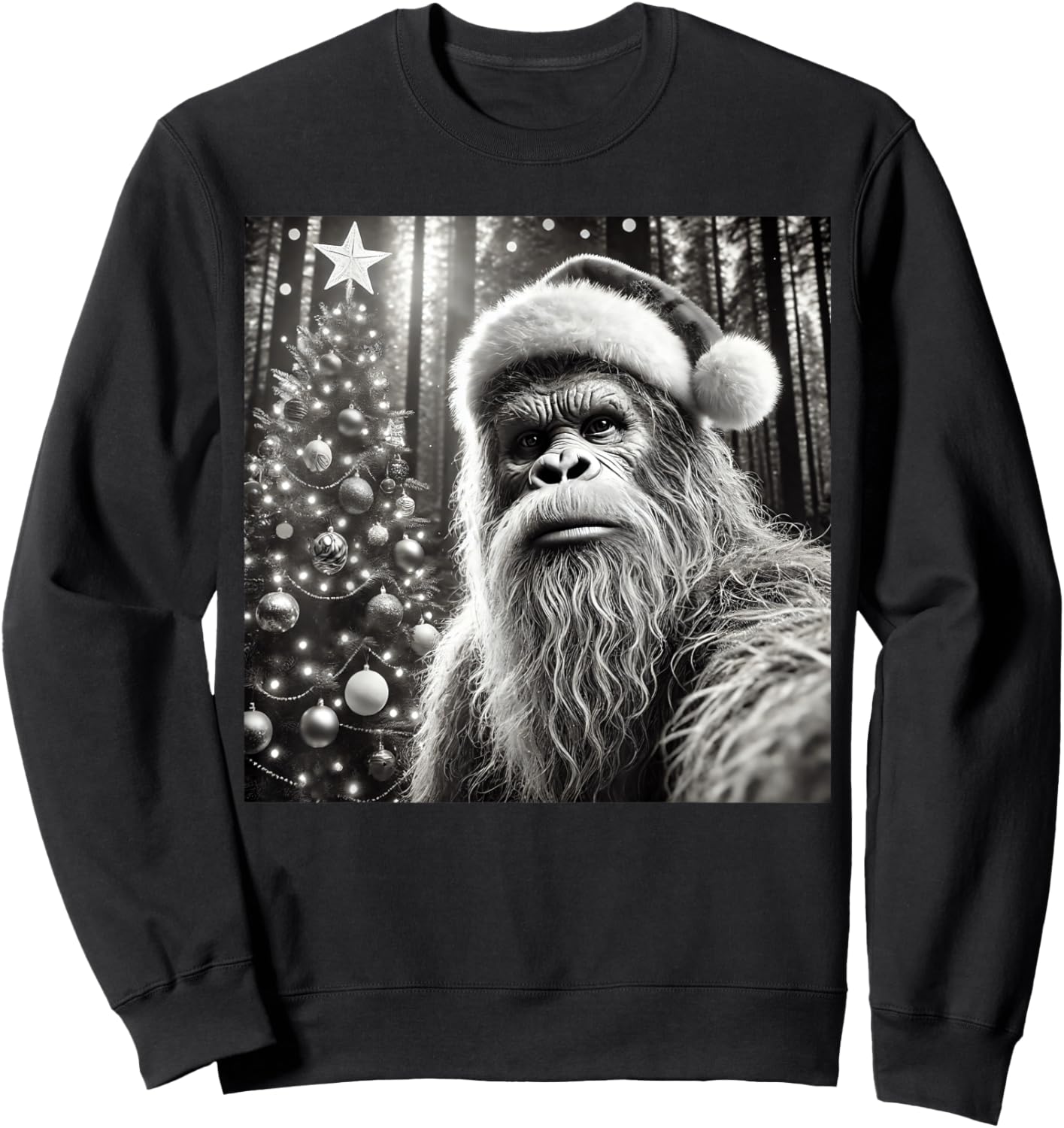 Funny Christmas Bigfoot -Adults Bigfoot Selfie with Christmas Tree Funny Sasquatch Design Black Short Sleeve Small Sweatshirt - Sweatshirt | Black