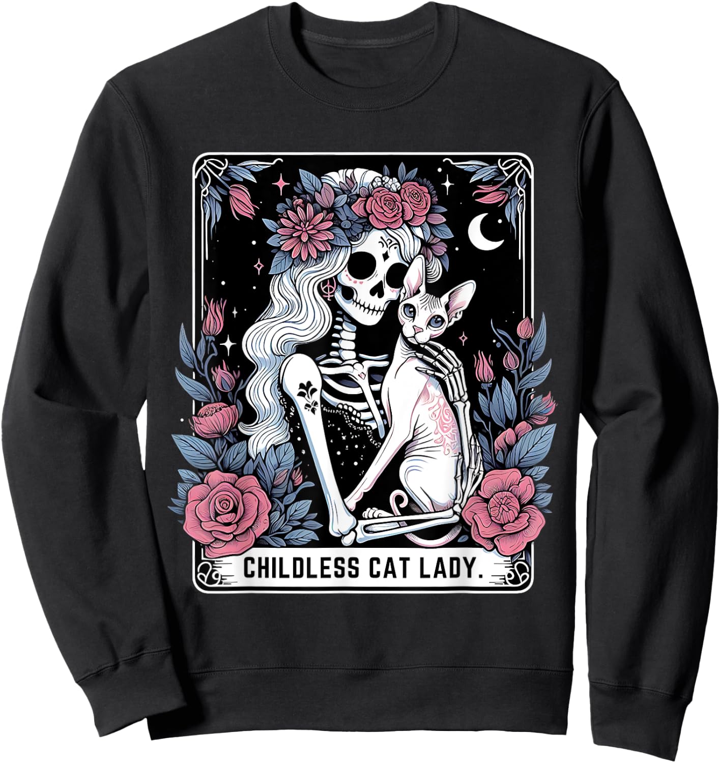 Childless Cat Lady Sphynx Tarot Card Cute Gothic Skeleton Sweatshirt - Sweatshirt | Black