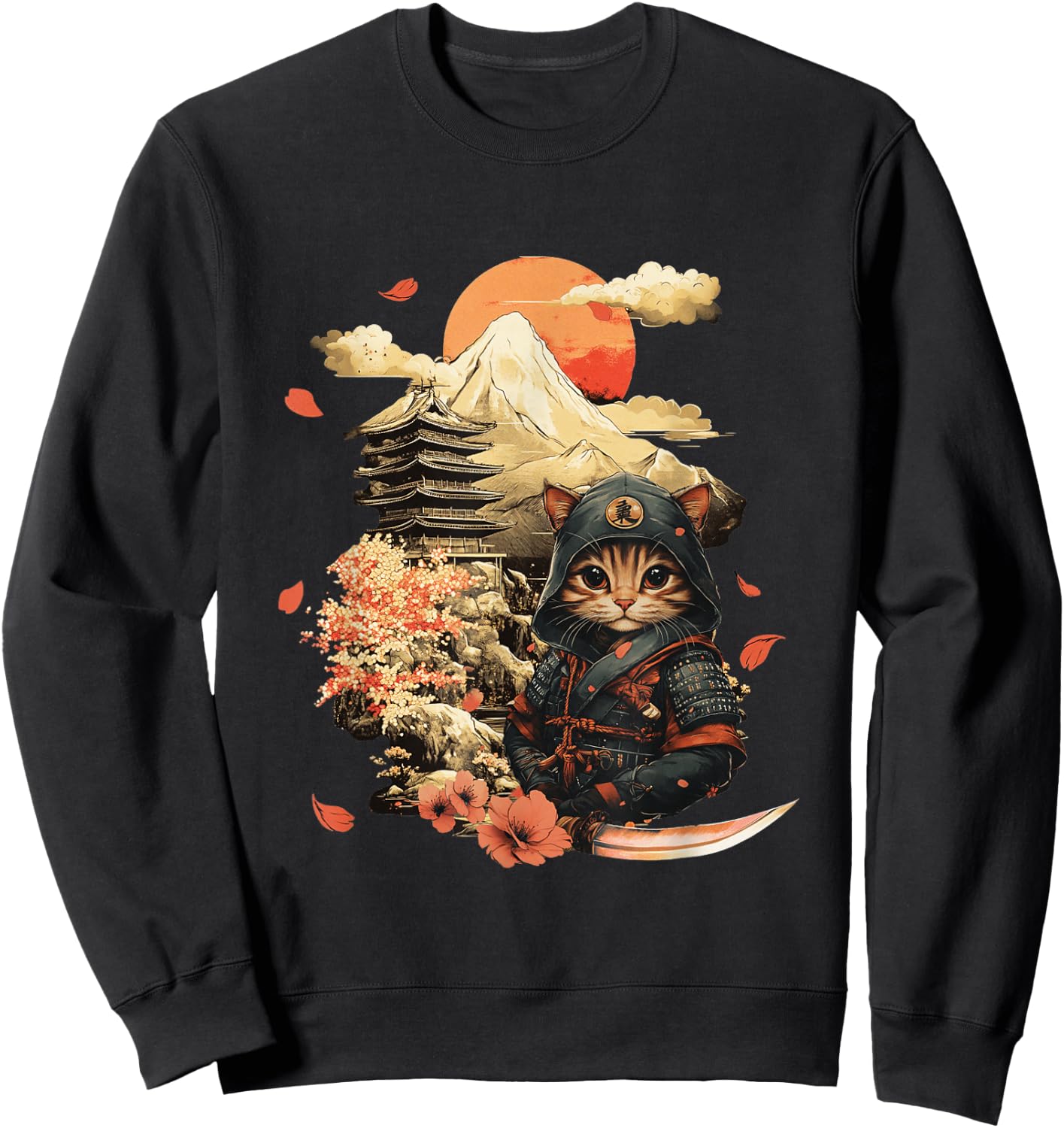 Vintage Japanese Samurai Ninja Cat Tattoo Kawaii Sweatshirt - Sweatshirt | Black
