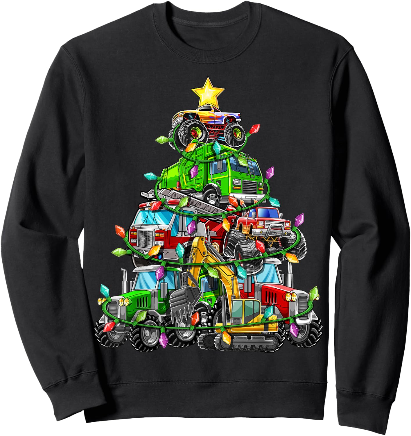 Christmas Tree Monster Truck Tractor Excavator Firetruck Boy Sweatshirt - Sweatshirt | Black