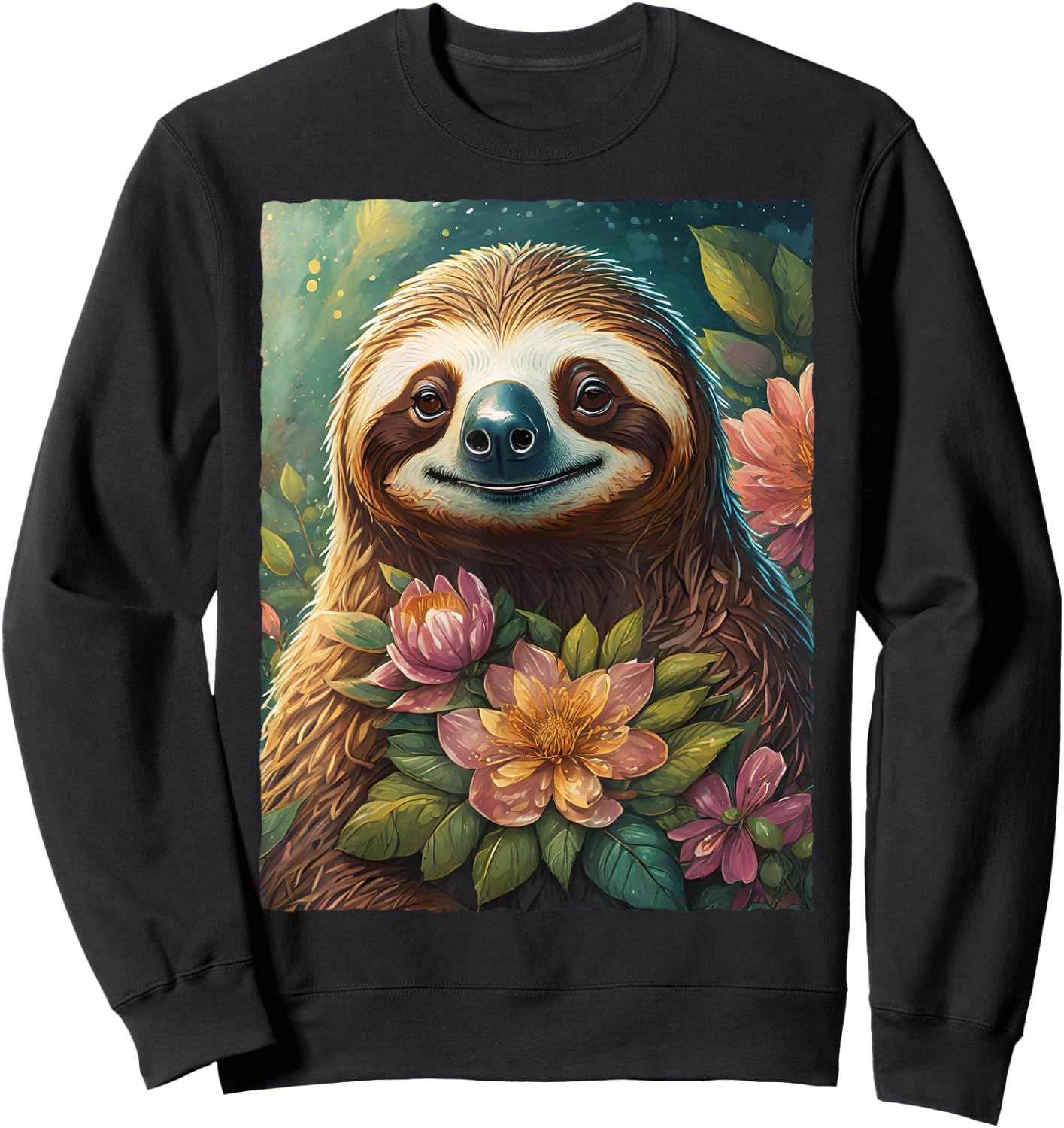 Cute Floral Sloth Watercolor Flowers Nature Animal Lover Sweatshirt - Sweatshirt | Black