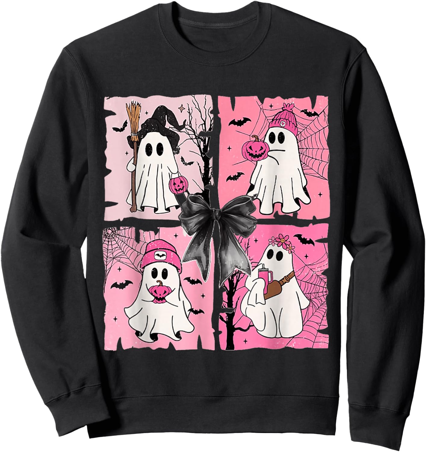 Girly Coquette Bow Ghost Spooky Season Halloween Sweatshirt - Sweatshirt | Black