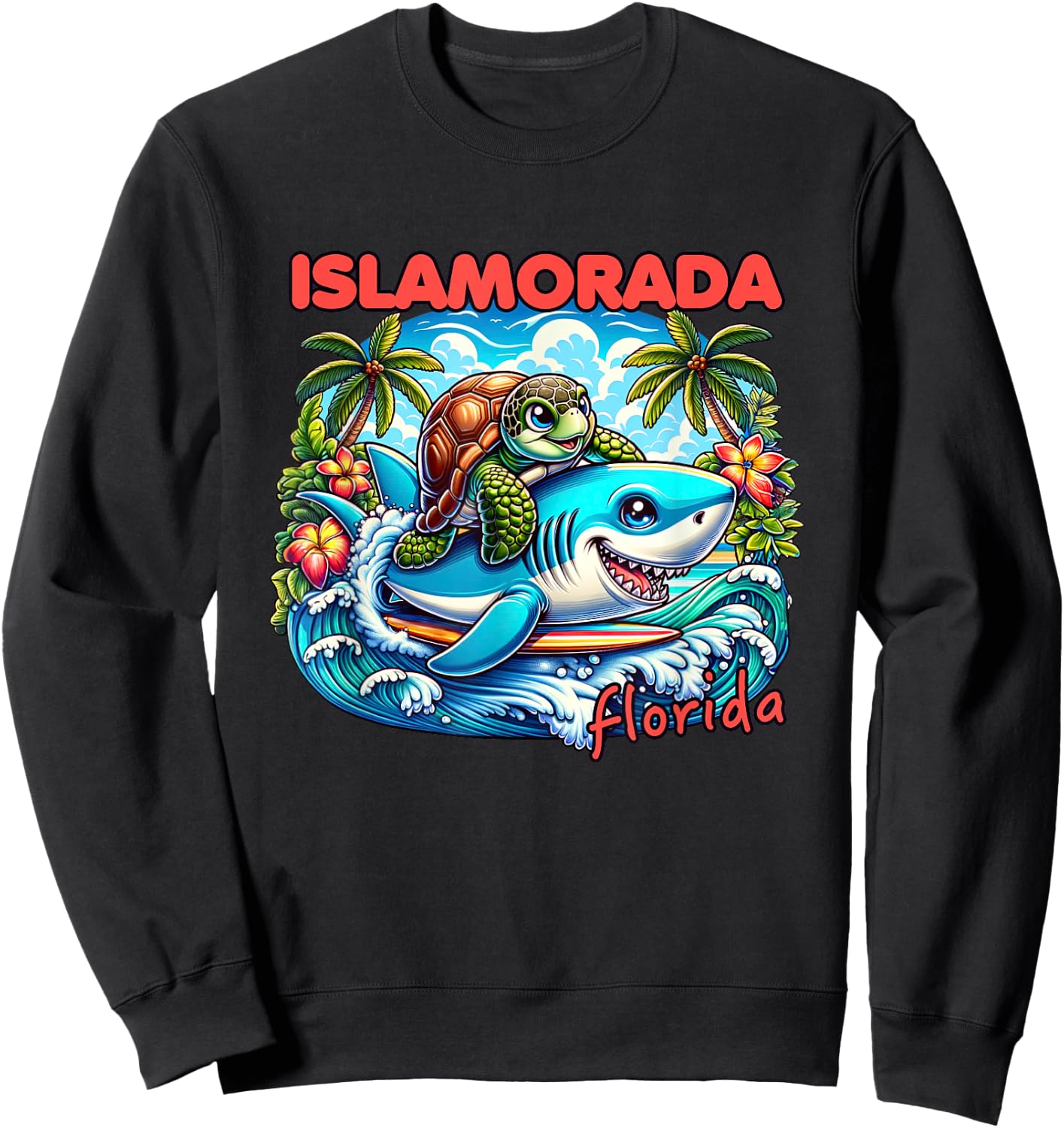 Islamorada Florida Beach Turtle and Shark Sweatshirt - Sweatshirt | Black