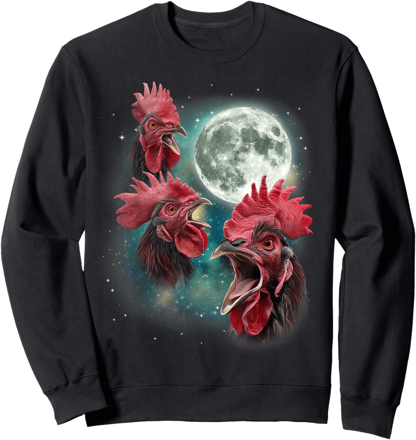 Three Rooster Moon | 3 Chickens Cluck At Moon Cursed Farm Sweatshirt - Sweatshirt | Black