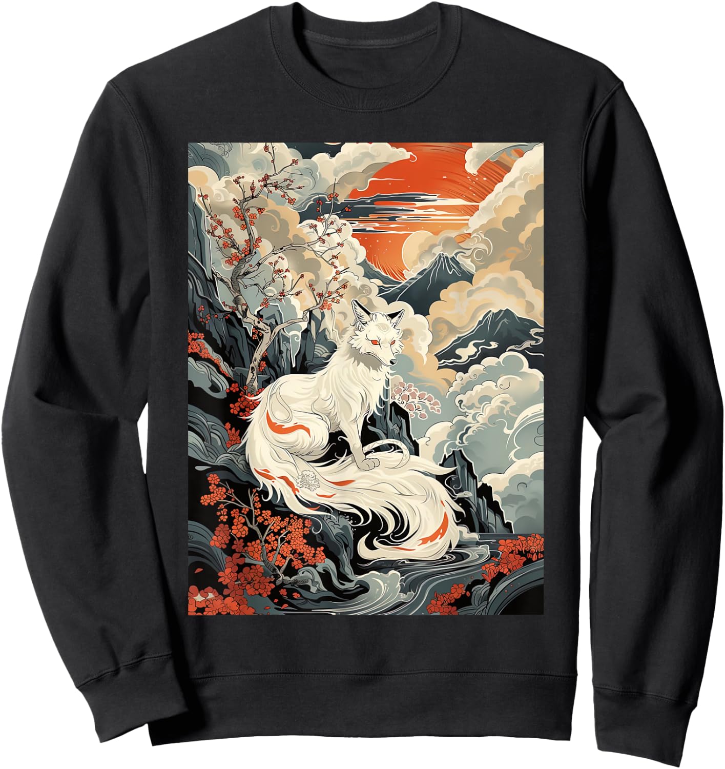 Vintage Japanese Woodblock Art Of Nine Tails Fox Kitsune Art Sweatshirt - Sweatshirt | Black