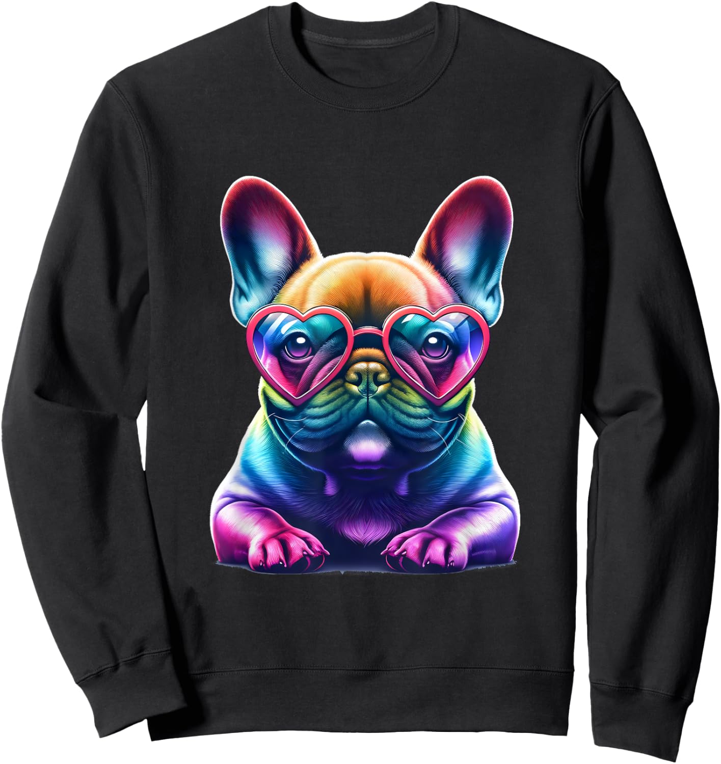 Rainbow Frenchie Wearing Heart Glasses Puppy Love Dog Funny Sweatshirt - Sweatshirt | Black