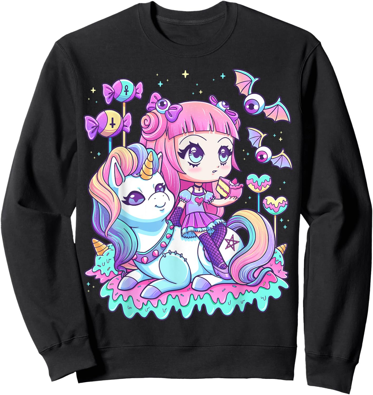 Pastel Goth Cute Creepy Girl Unicorn Kawaii Menhera Witchy Sweatshirt - Sweatshirt | Black