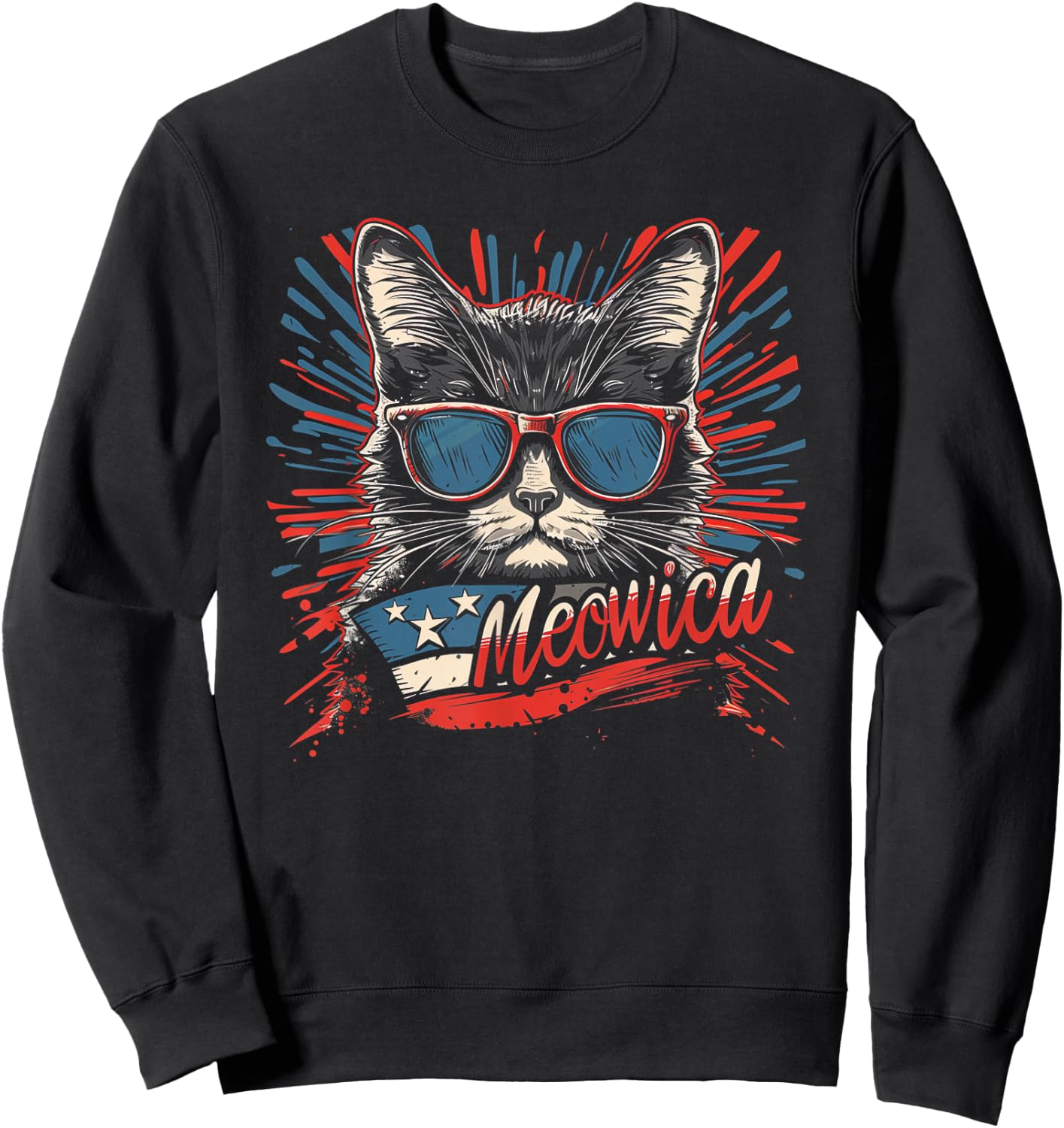 Meowica 4th of July Cat American Flag America USA Funny Kids Men Sweatshirt - Sweatshirt | Black