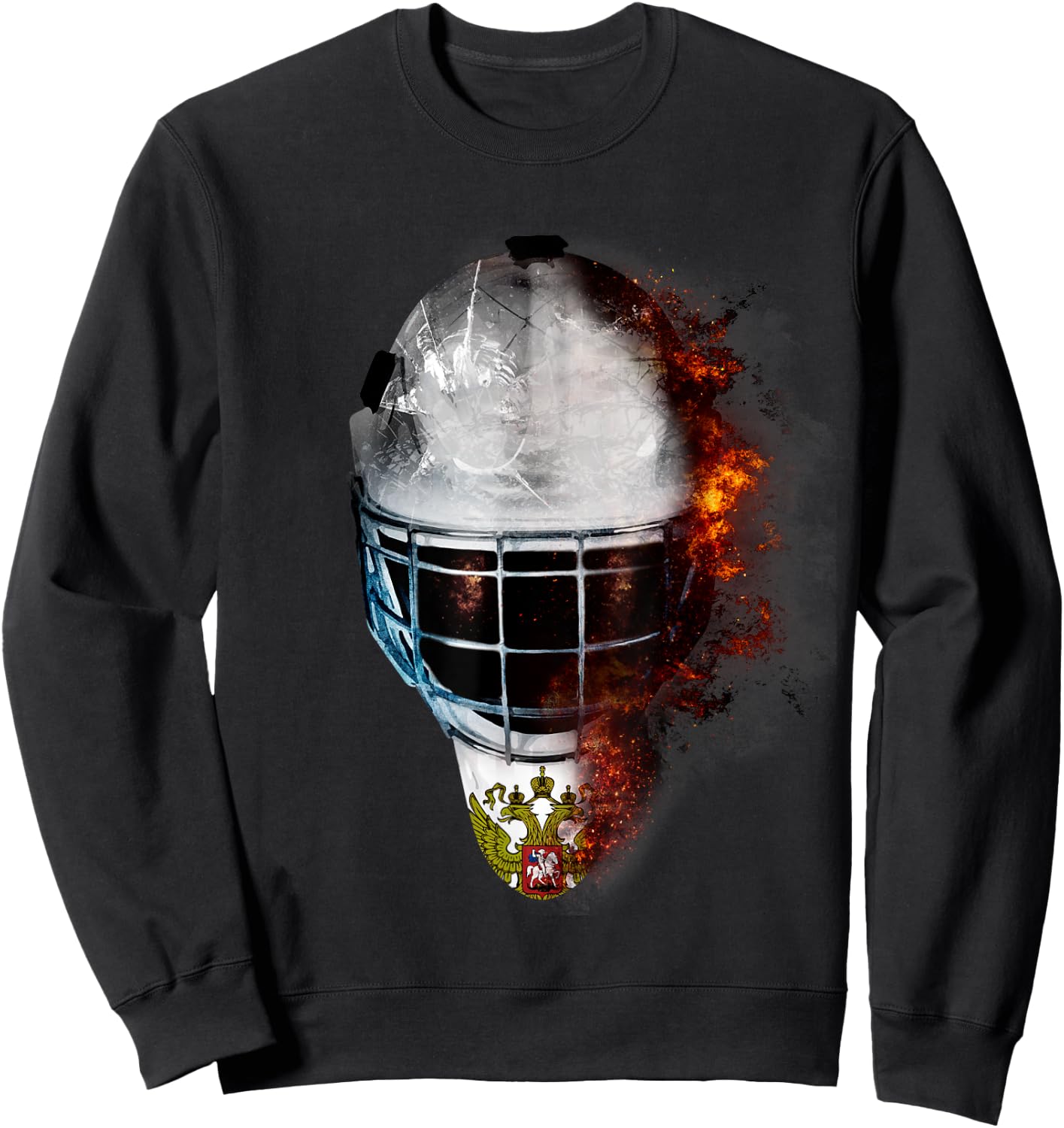Russia Flag And Ice Hockey Goal Mask Fire Hockey Sweatshirt - Sweatshirt | Black