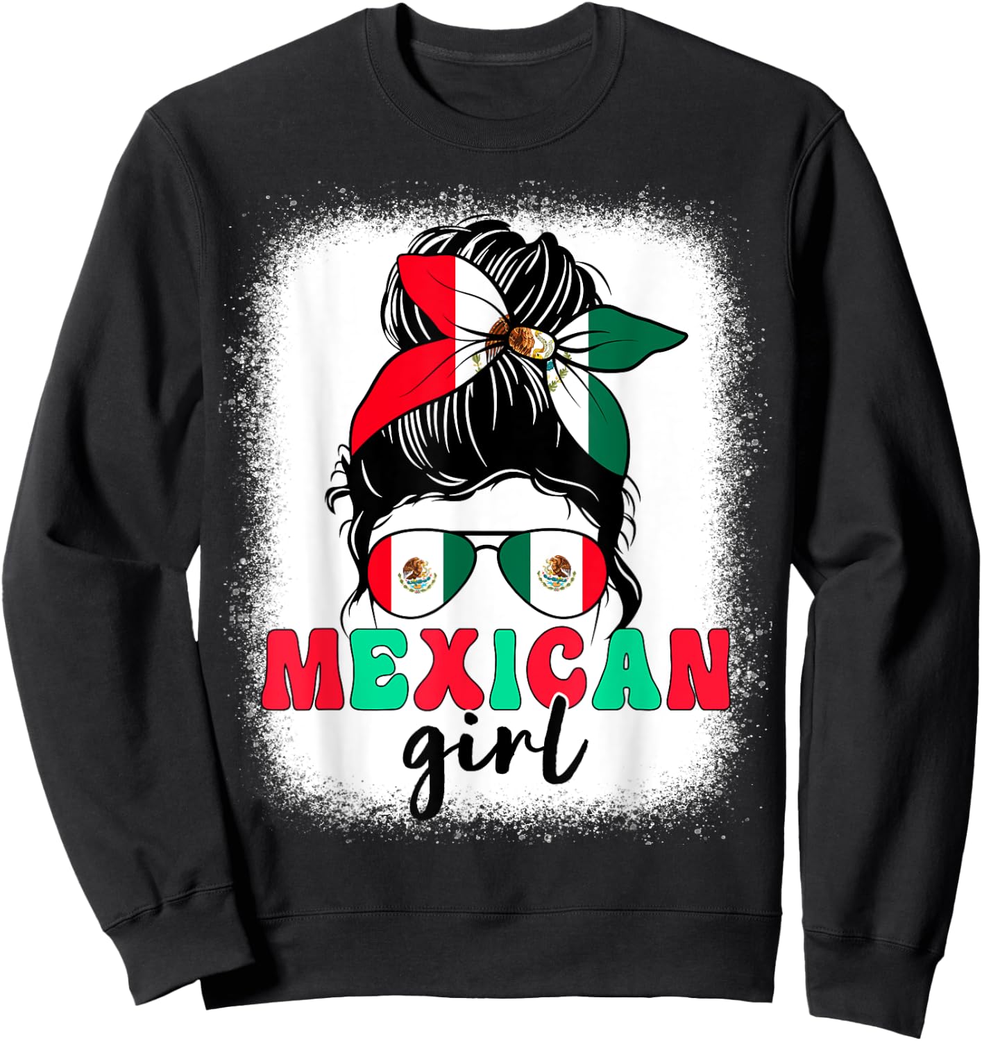 Mexican Girl Messy Bun Mexico Flag Patriotic Women Kids Sweatshirt - Sweatshirt | Black