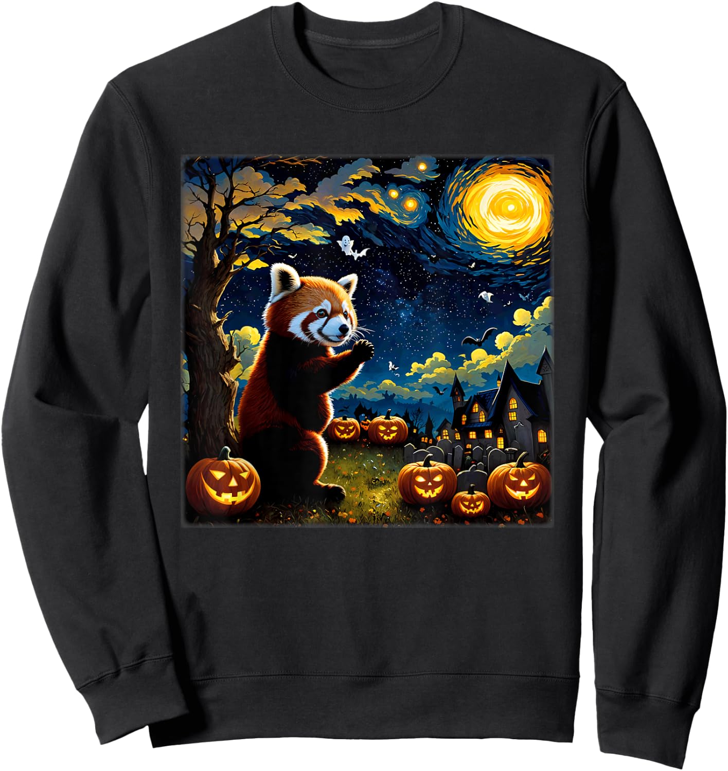 Spooky Halloween Red Panda Starry Night Sweatshirt - Sweatshirt | Black